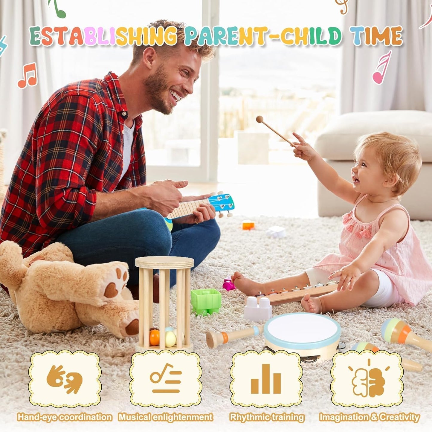 SKY-TOUCH Montessori Wooden Musical Instrument Set, Percussion Baby Xylophone Toy, Children's Birthday Gift, Baby Music Educational Toy, with Storage Bag, Suitable for Children Over 3 Years Old