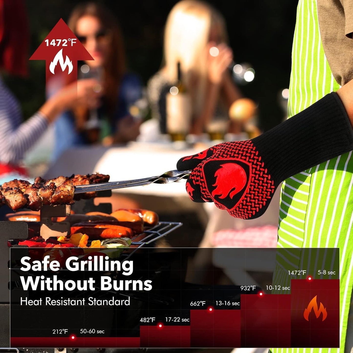 SKY-TOUCH 1 Pair Oven Gloves, Grill Gloves with Long Cuff, Heat Resistant up to 800 °C,Durable Silicone Grill Gloves for Barbecue Baking Grilling,Fireproof, Non-Slip, Heat Protection, Classic Red