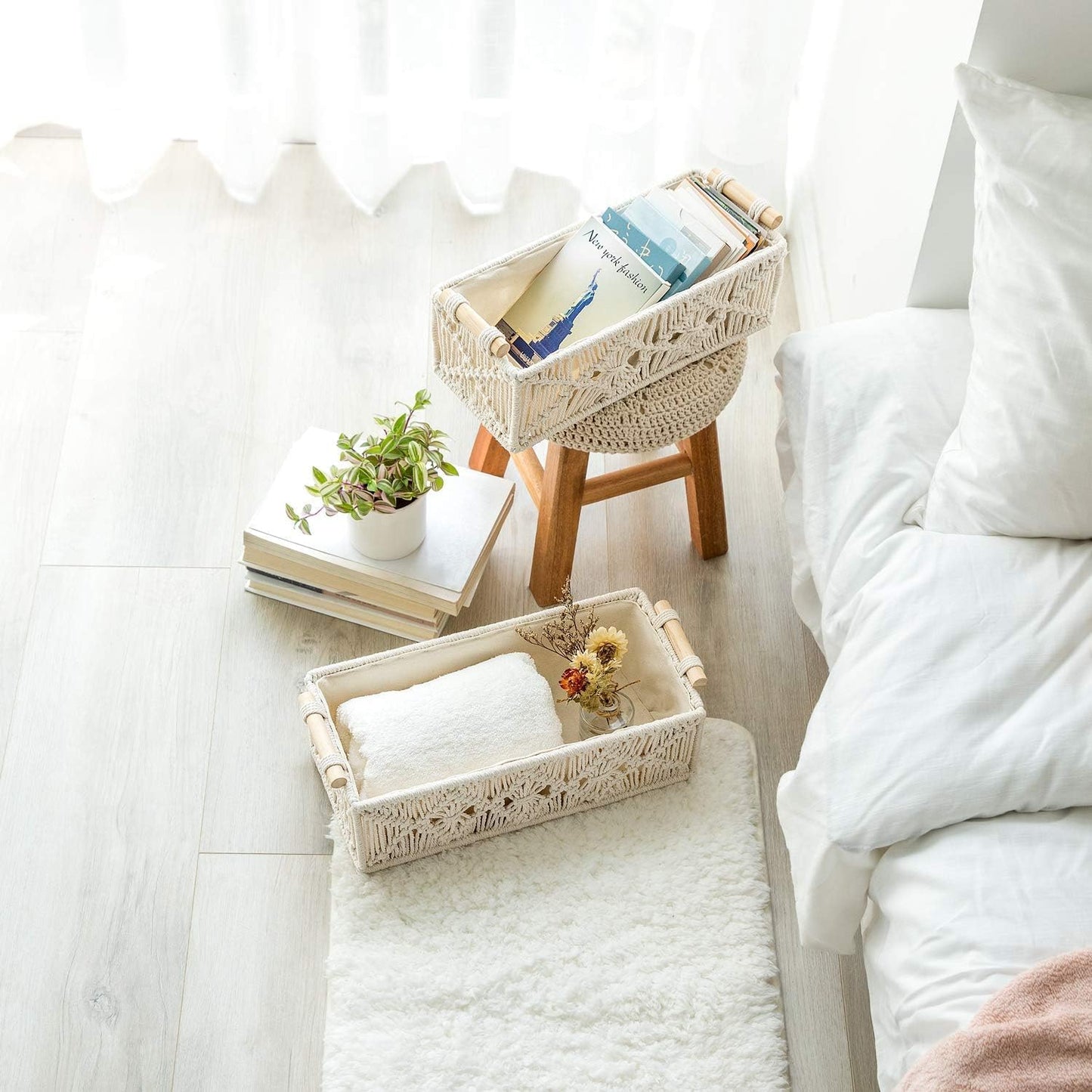 SKY-TOUCH Handwoven Macrame Storage Baskets,Woven Toilet Paper Basket with Handle for Bathroom Countertop, Storage Shelf for Bedroom, Living Room, Home (Ivory)