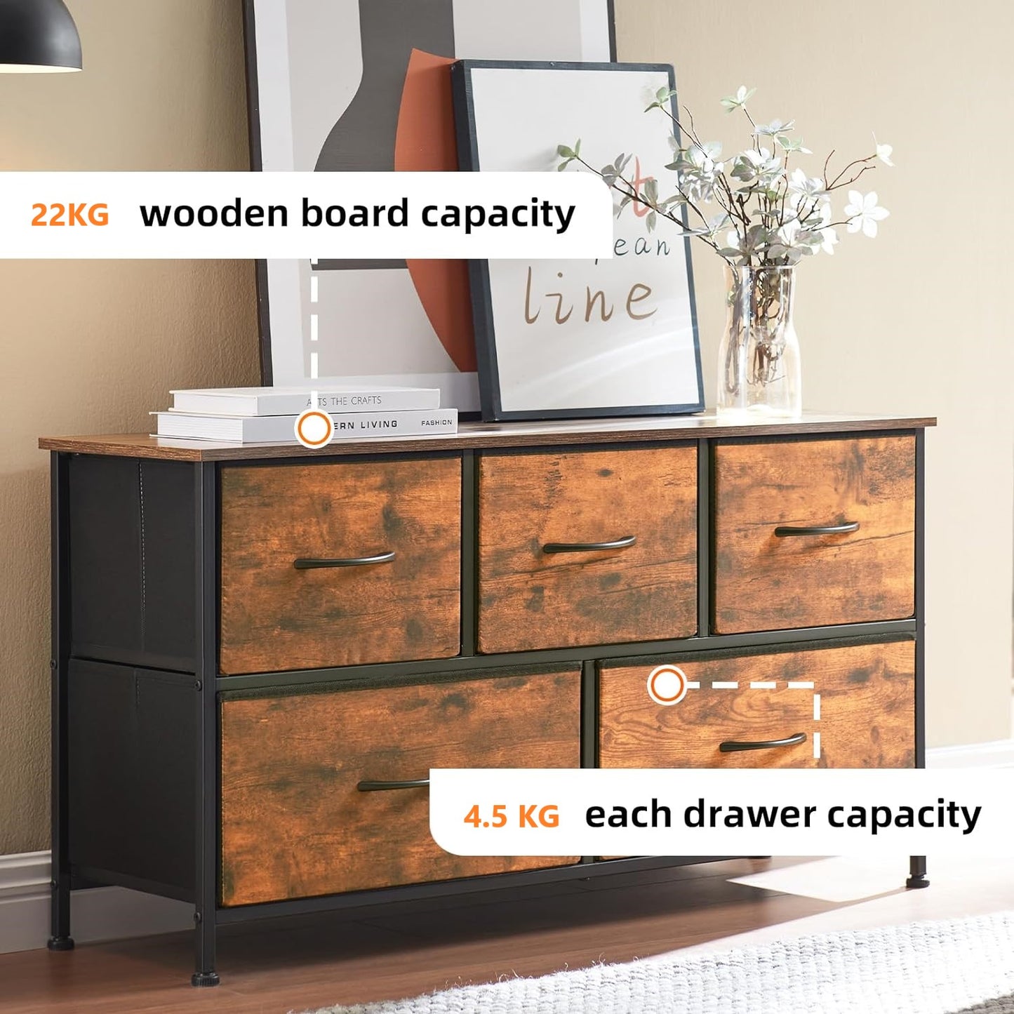 SKY-TOUCH Storage Cabinet : Bedroom Dresser with 5 Drawers Wide Storage Chest with Removable Fabric Bins Storage Organizer Unit for Living Room Entryway Hallway Nursery Kids Room (100*30*52CM Black/Brown/white)