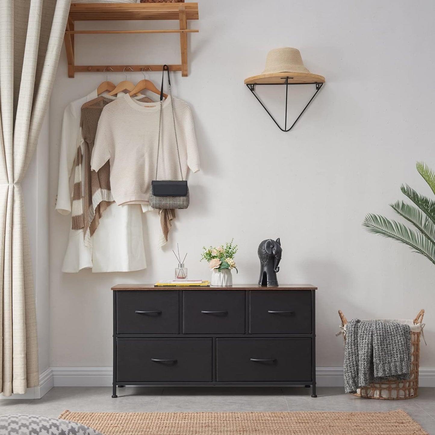 SKY-TOUCH Storage Cabinet : Bedroom Dresser with 5 Drawers Wide Storage Chest with Removable Fabric Bins Storage Organizer Unit for Living Room Entryway Hallway Nursery Kids Room (100*30*52CM Black/Brown/white)