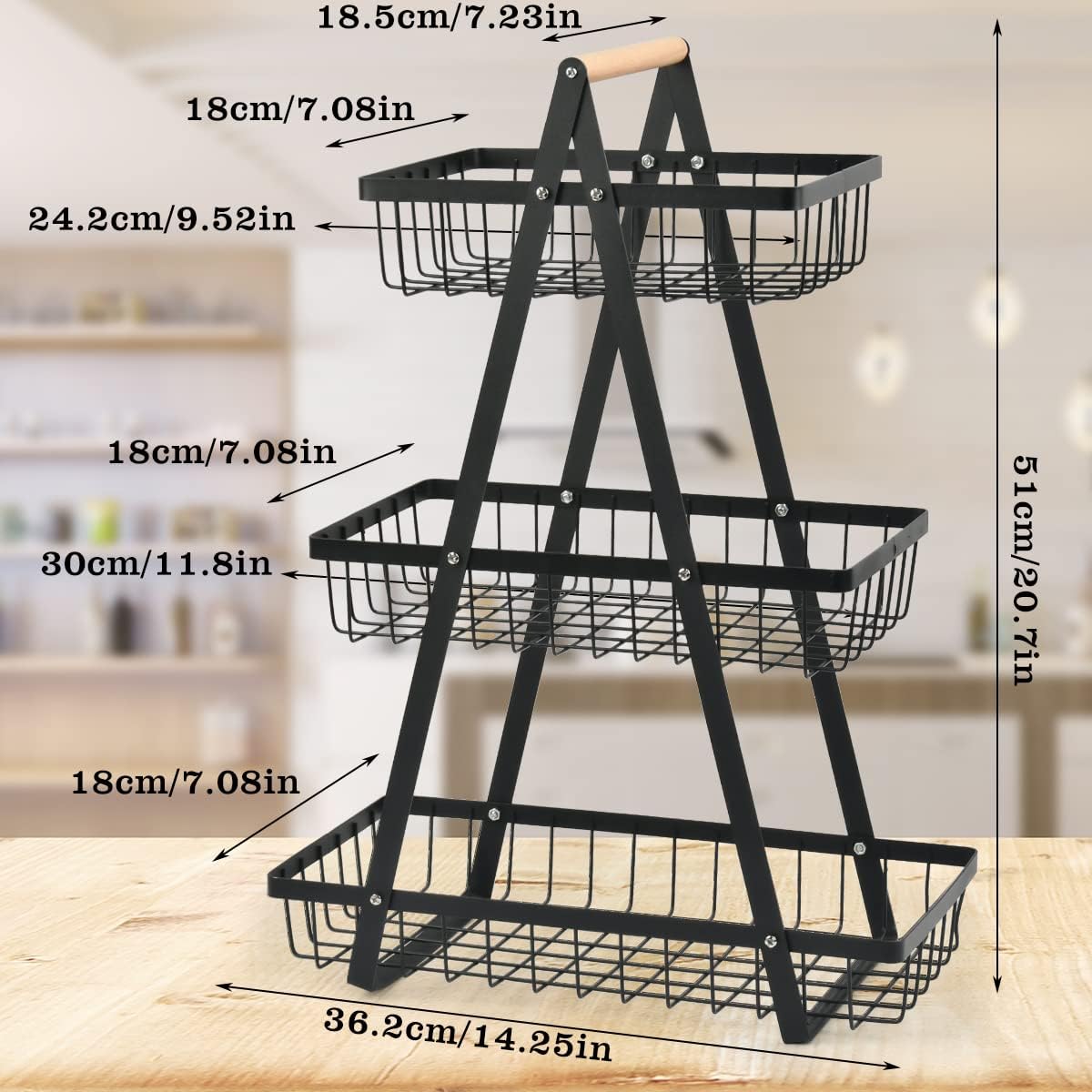 SKY-TOUCH 2-Tier Fruit Basket with Wooden Handle, Detachable Metal Fruit Bowl Holder Vegetable Storage Rack, Countertop Holder for Kitchen, Home, Office - Organize Fruits, Veggies, Snacks, Bread