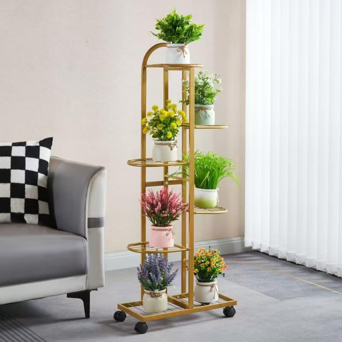 SKY-TOUCH 6-Tier Metal Plant Stand with Movable wheels – Tall 118cm Flower Shelf, Indoor/Outdoor Plant Organizer & Display Rack for Garden, Patio, or Living Room, Golden,47*118cm