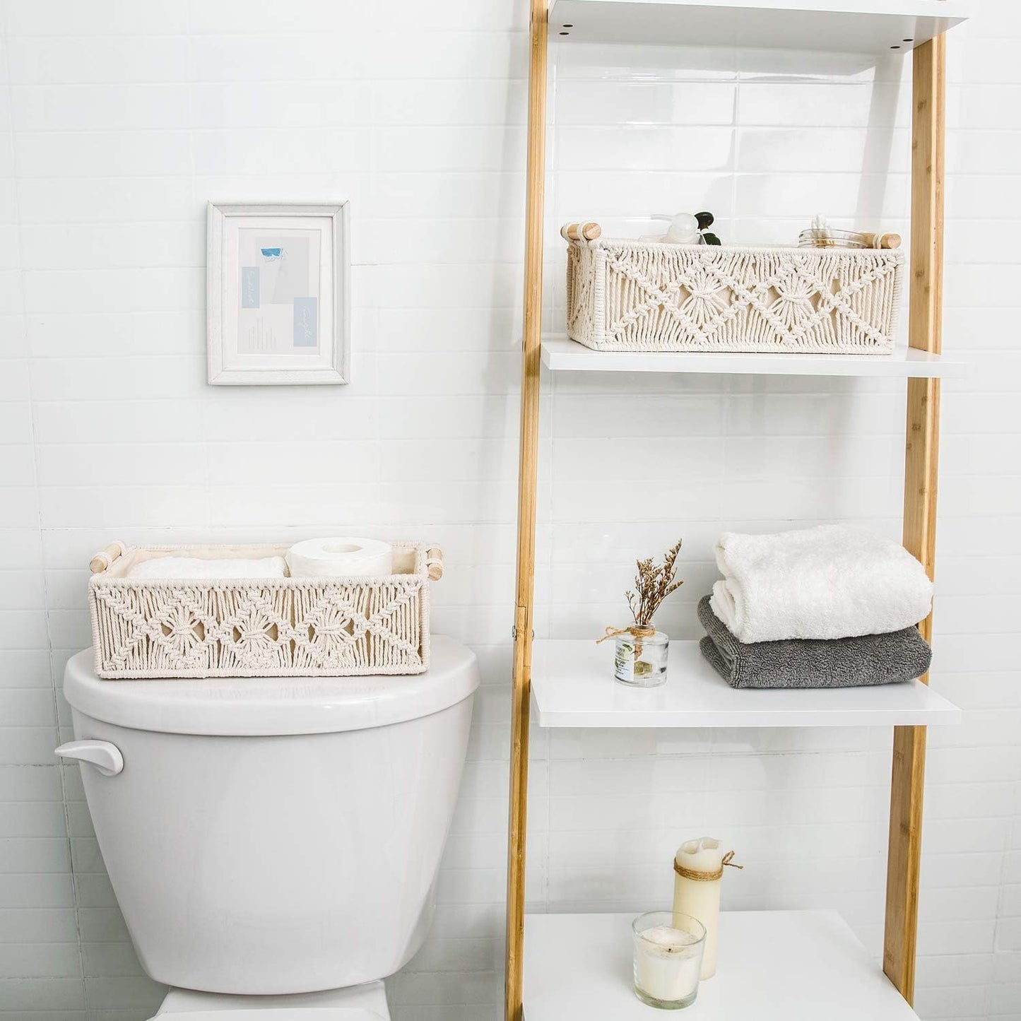 SKY-TOUCH Handwoven Macrame Storage Baskets,Woven Toilet Paper Basket with Handle for Bathroom Countertop, Storage Shelf for Bedroom, Living Room, Home (Ivory)