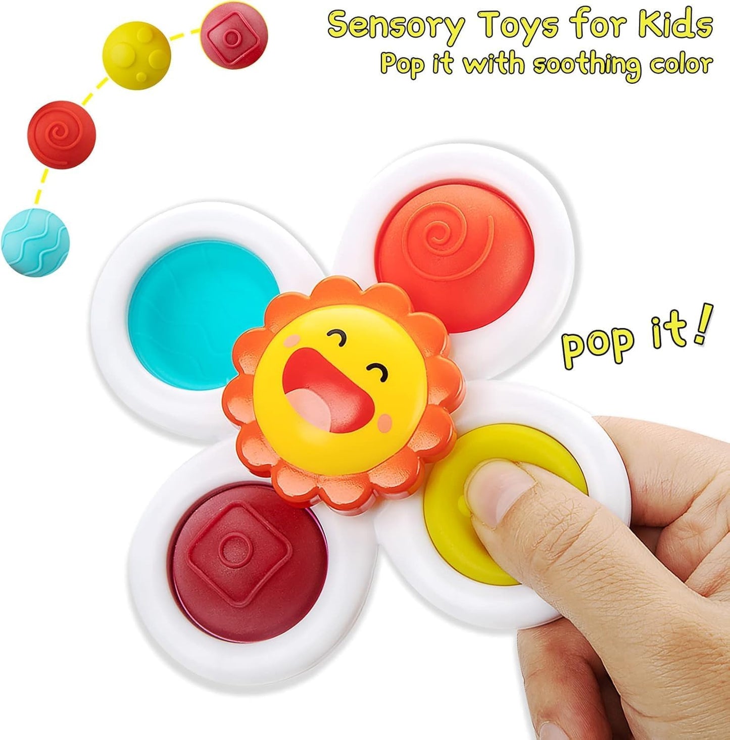 SKY-TOUCH 3PCS Suction Cup Spinner Toys for Toddlers 0-3 Years, Pressable Baby Sensory Fidget Bath Toys, Stress Relief Toys with Strong Suction for High Chair, Car Window, Travel, Fine Motor Skills
