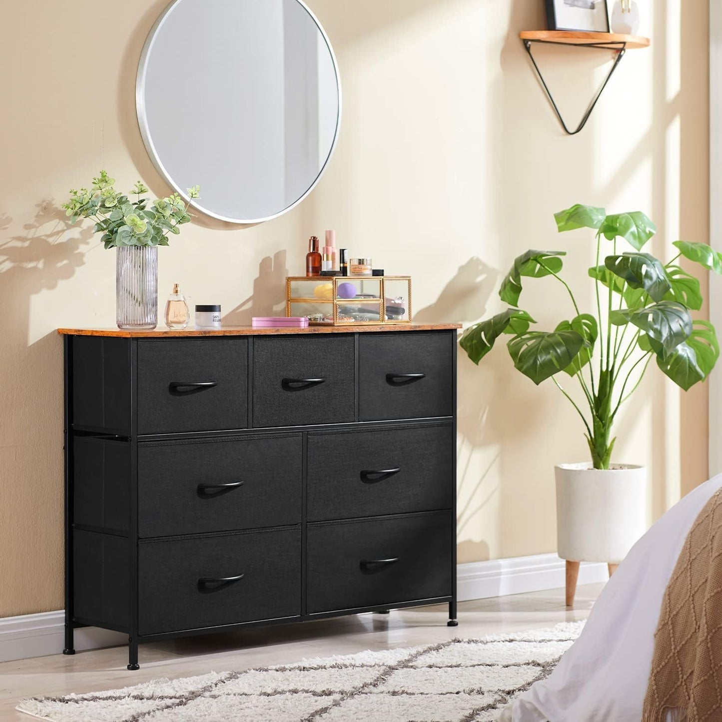 SKY-TOUCH Storage Cabinet : Bedroom Dresser with 7 Drawers Wide Storage Chest with Removable Fabric Bins Storage Organizer Unit for Living Room Entryway Hallway Nursery Kids Room (100*30*74CM Black/Brown)