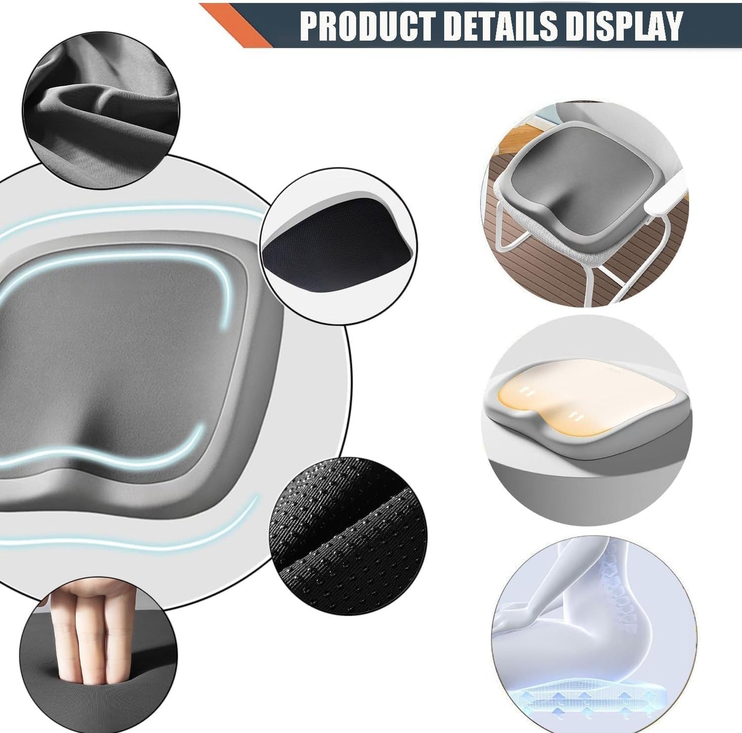 SKY-TOUCH memory foam seat cushion, relieves coccyx, sciatica, back pain, ergonomic seat cushion, suitable for office chairs, cars, office workers, pregnant women (gray)