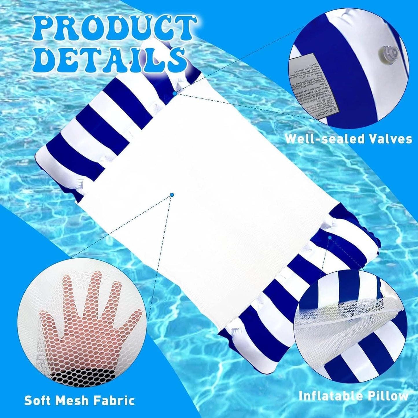 SKY-TOUCH Inflatable Pool Float, 1 Pack Meegoo Inflatable Water Hammock for Adults, Portable Water Hammock with Bottom Mesh for Vacation Fun and Rest, Water Lounge,(With air pump)Dark Blue,120 * 70cm