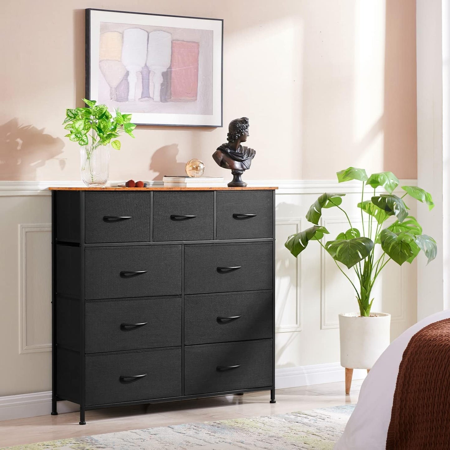 SKY-TOUCH Storage Cabinet : Bedroom Dresser with 9 Drawers Wide Storage Chest with Removable Fabric Bins Storage Organizer Unit for Living Room Entryway Hallway Nursery Kids Room (100*30*96CM Black/White)