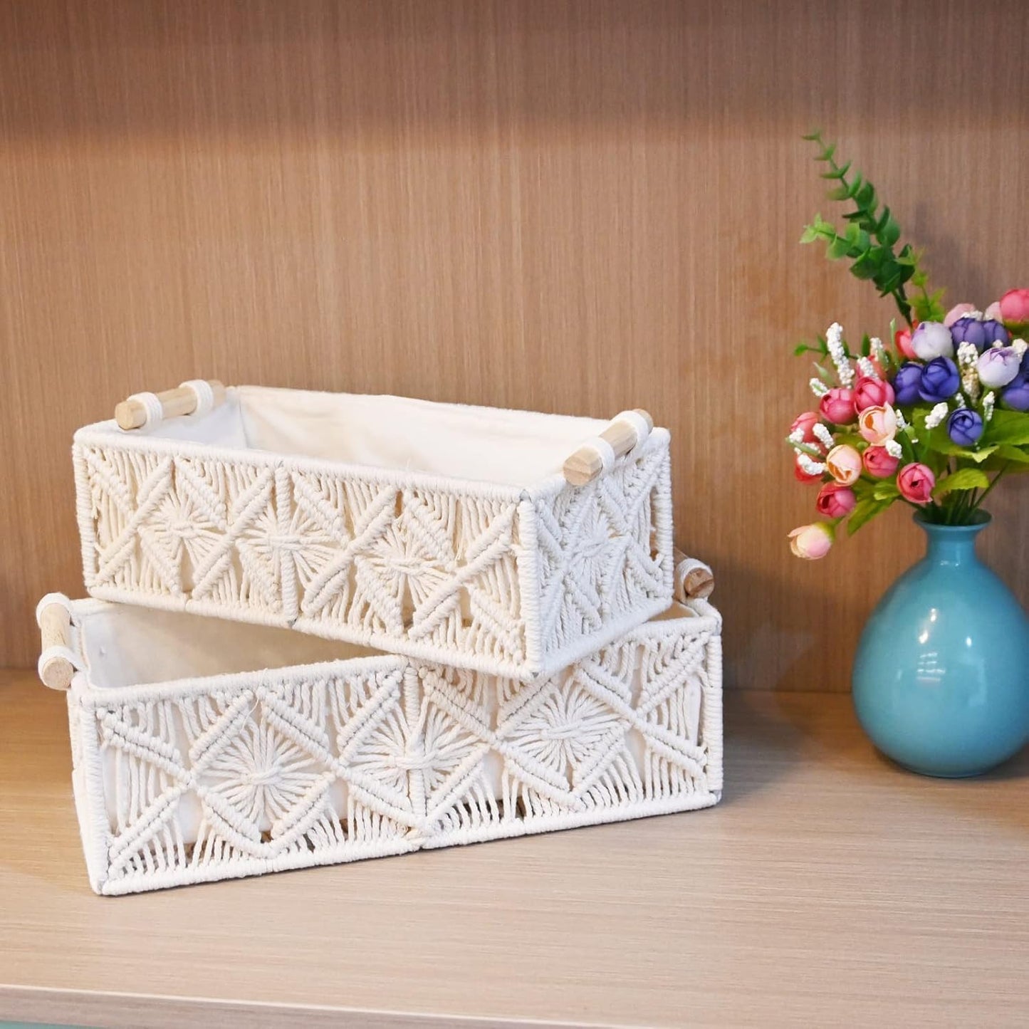SKY-TOUCH Handwoven Macrame Storage Baskets,Woven Toilet Paper Basket with Handle for Bathroom Countertop, Storage Shelf for Bedroom, Living Room, Home (Ivory)