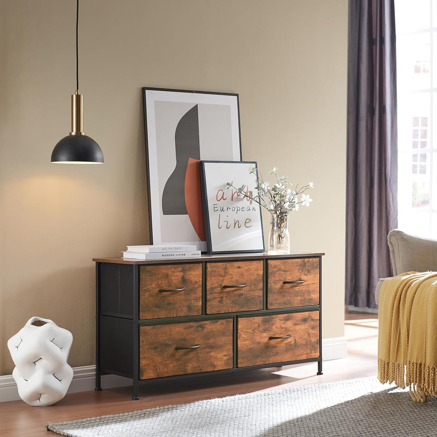 SKY-TOUCH Storage Cabinet : Bedroom Dresser with 5 Drawers Wide Storage Chest with Removable Fabric Bins Storage Organizer Unit for Living Room Entryway Hallway Nursery Kids Room (100*30*52CM Black/Brown/white)