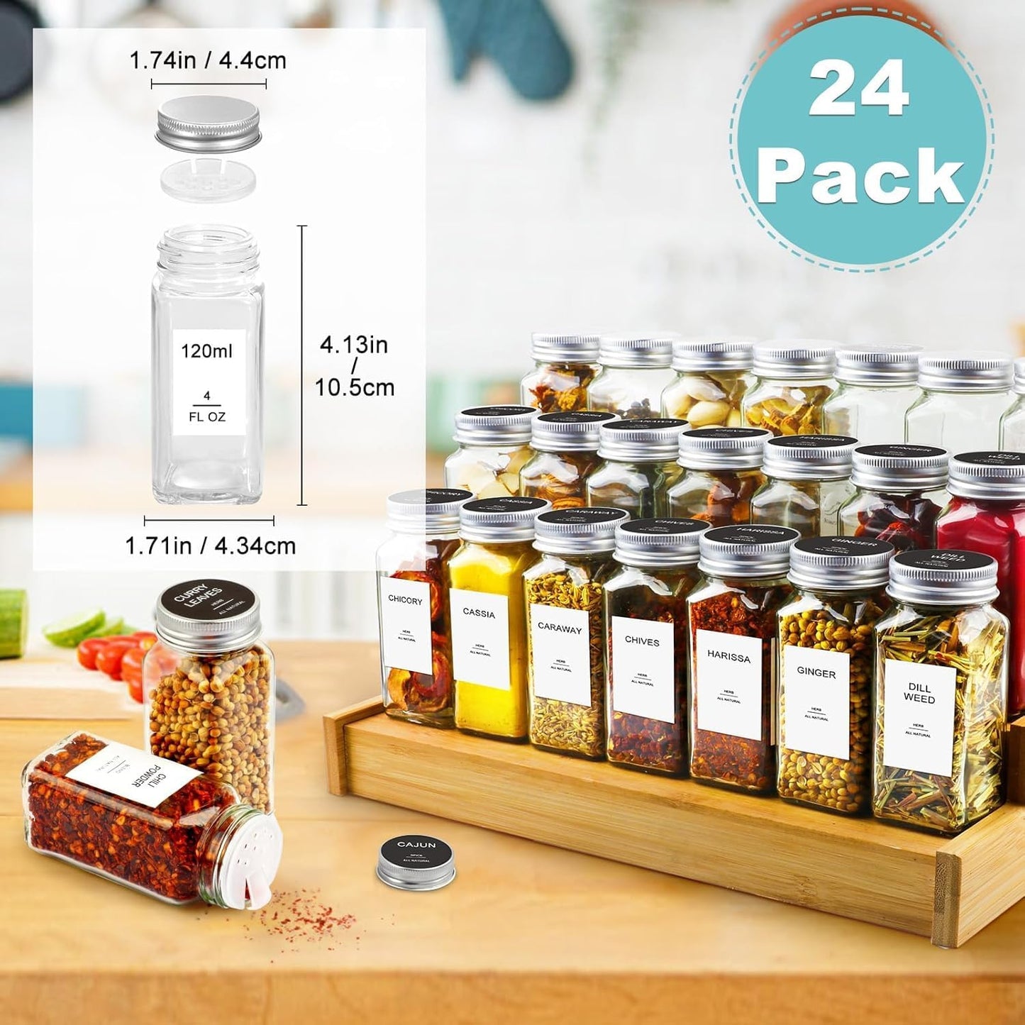 SKY-TOUCH 24 pack Glass Spice Jars with Shaker Lids,Seal Seasoning Jars with Labels for Kitchen,Spice,Cabinet, Drawer,120ml Glass,with Collapsible Funnel and Mark pen