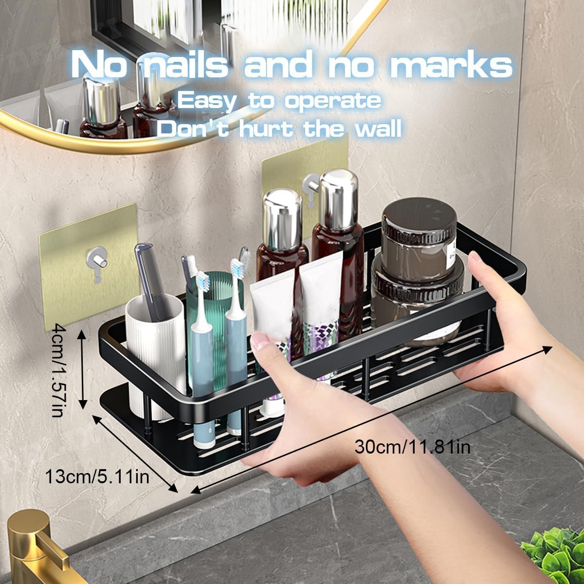 SKY-TOUCH 4 Pack Shower Caddy,Bathroom Shower Organizer shelves,Rustproof Waterproof& Easy Mount,No Drilling - Self Adhesive,Home Wall Shower Inside Organization,30 * 13 * 4cm,Max Capacity 30lbs
