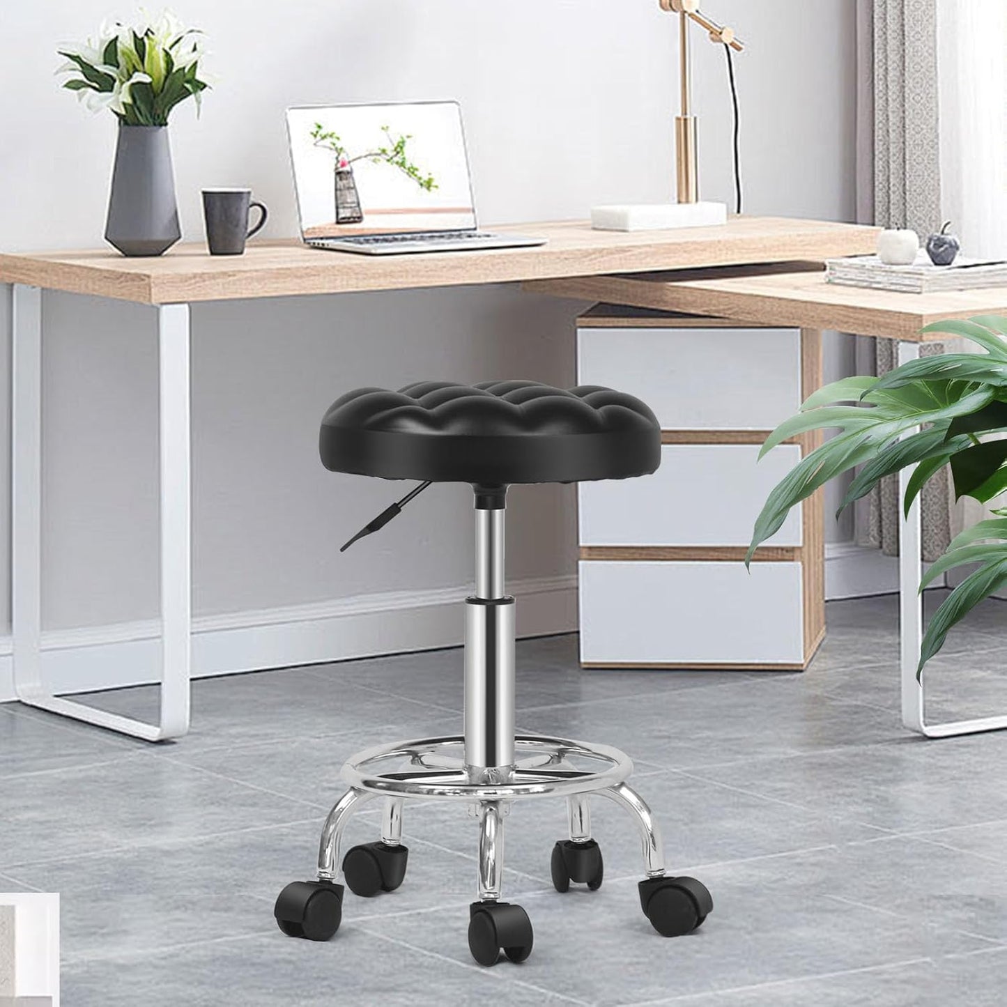 SKY-TOUCH Round Rolling Stool: Vanity Chair with PU Leather Height Adjustable 360° Swivel Stool with Wheels for Office Home Drafting Work Studio Shop SPA Salon