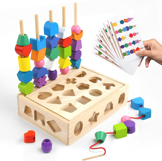 SKY-TOUCH 3 in 1 Montessori Wooden Sorting and Lacing Toy Set, Geometric Shape Matching Beads Sequencing Game for Toddlers, Color Sorting Stacking Fine Motor Skills Learning Toys for Kids Age 3+