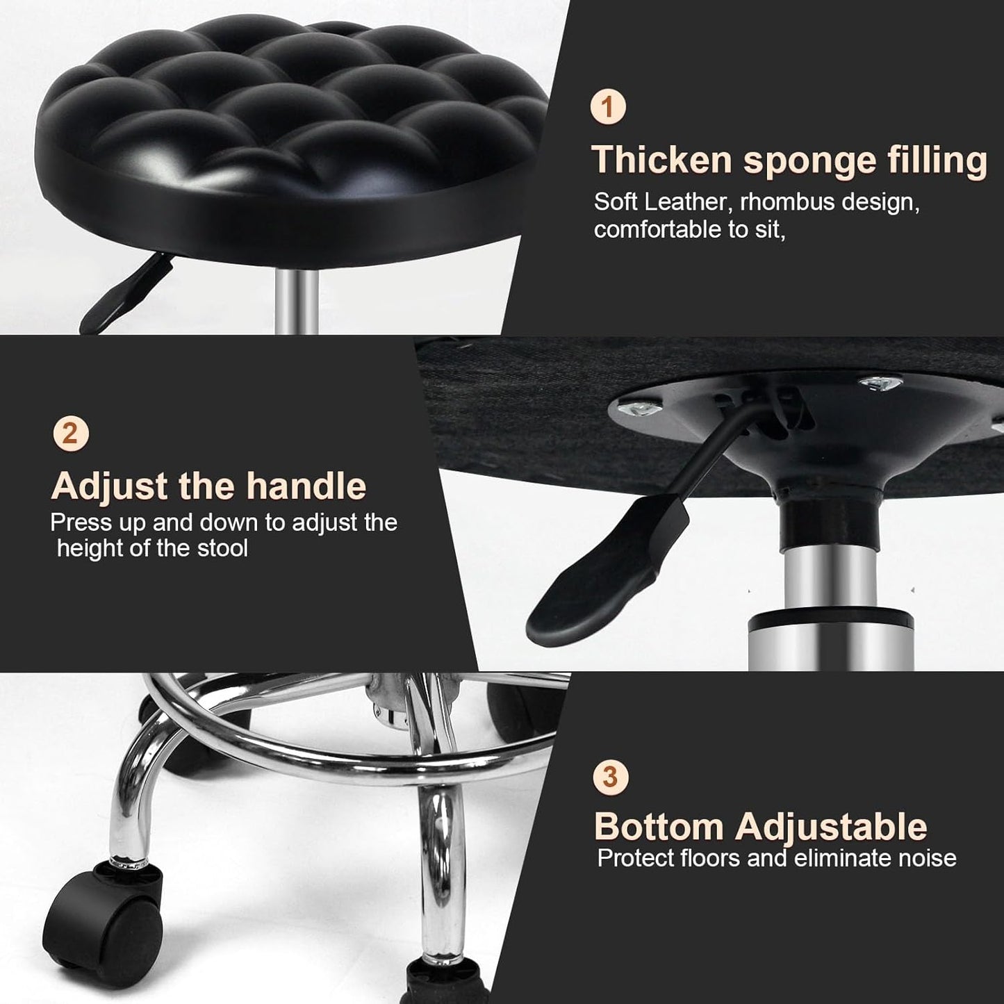 SKY-TOUCH Round Rolling Stool: Vanity Chair with PU Leather Height Adjustable 360° Swivel Stool with Wheels for Office Home Drafting Work Studio Shop SPA Salon