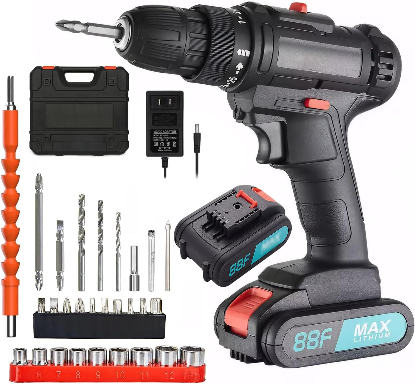 SKY-TOUCH 21V Cordless Drill Set with 2 Batteries, Charger, 28 Accessories and Storage Case, Electric Power Drill Kit with 2 Variable Speed, 25+1 Torque Settings, Forward/Reverse Control, LED Light
