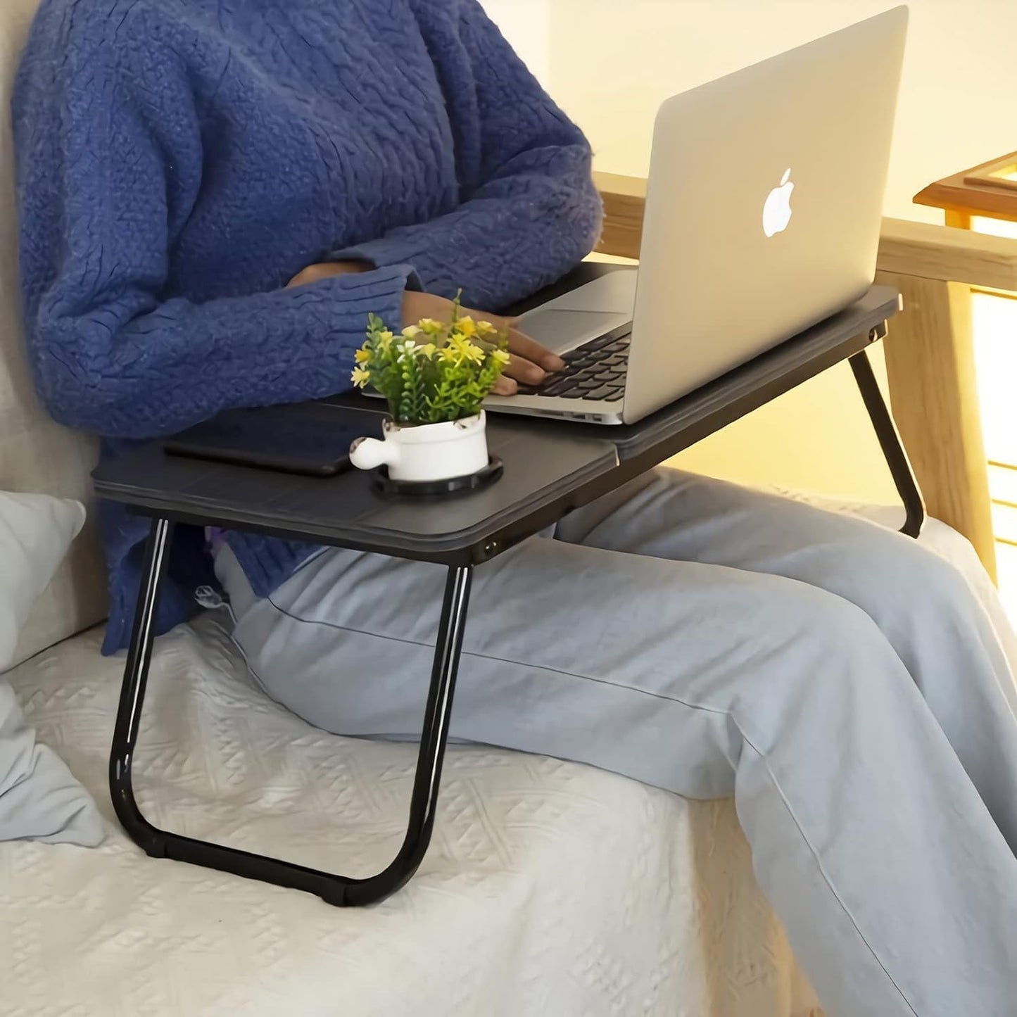 SKY-TOUCH Foldable Laptop Desk for Bed Couch, Adjustable Height Tilt Portable Laptop Stand for Desk, Small Lap Desk, Non-slip Table for Computer and Writing, PC Tray Table with Cup Holder for Sofa