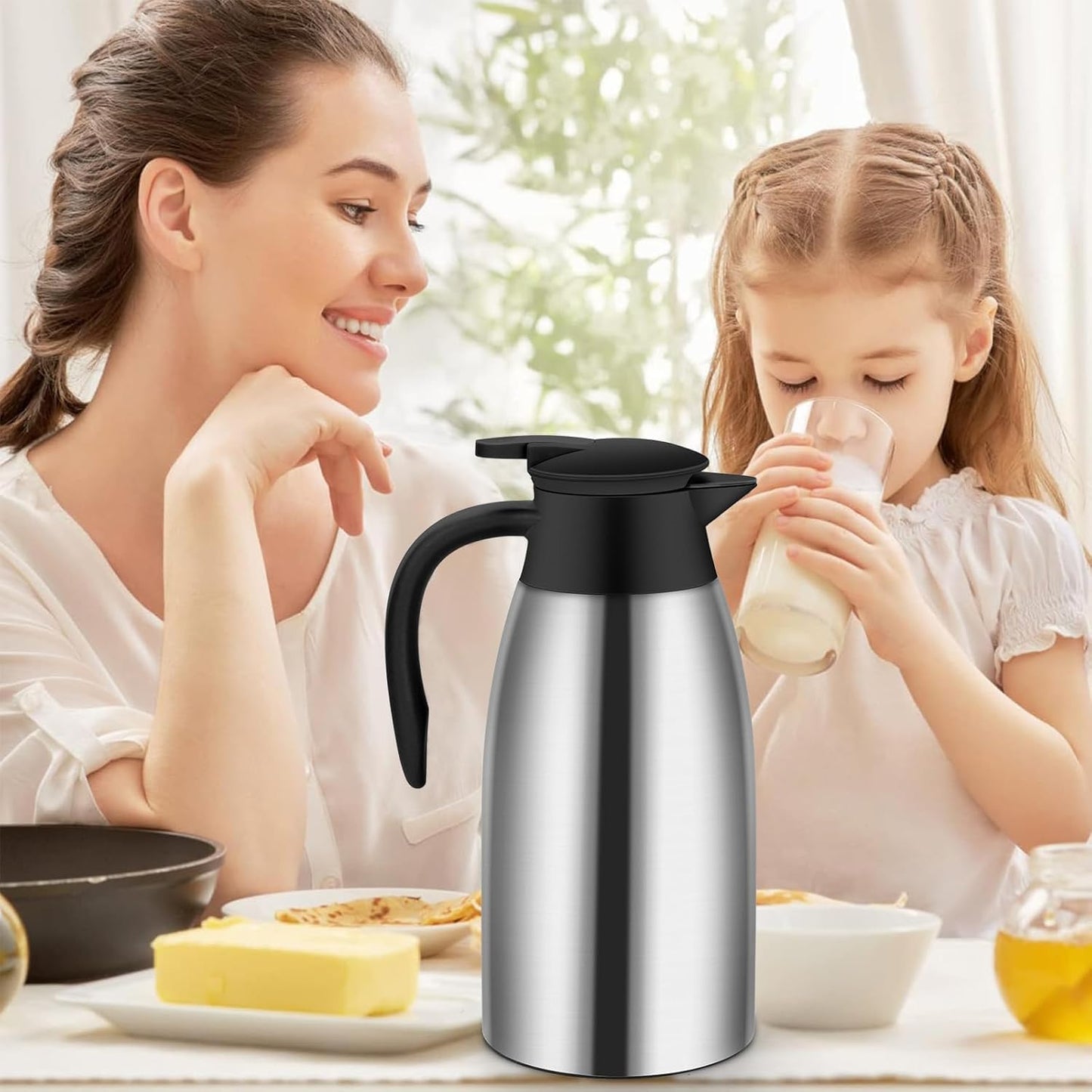 SKY-TOUCH 2L Vacuum Insulated Stainless Steel Teapot Thermal Flask Carafe – Large Capacity Double-Wall Thermos, Long-Lasting Insulation & Easy Pour for Coffee Tea Water (Silver)