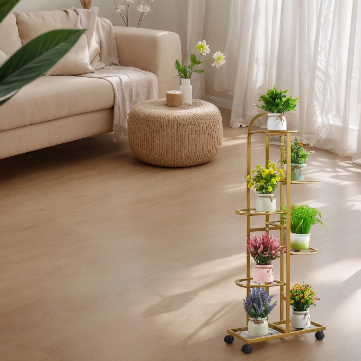 SKY-TOUCH 6-Tier Metal Plant Stand with Movable wheels – Tall 118cm Flower Shelf, Indoor/Outdoor Plant Organizer & Display Rack for Garden, Patio, or Living Room, Golden,47*118cm