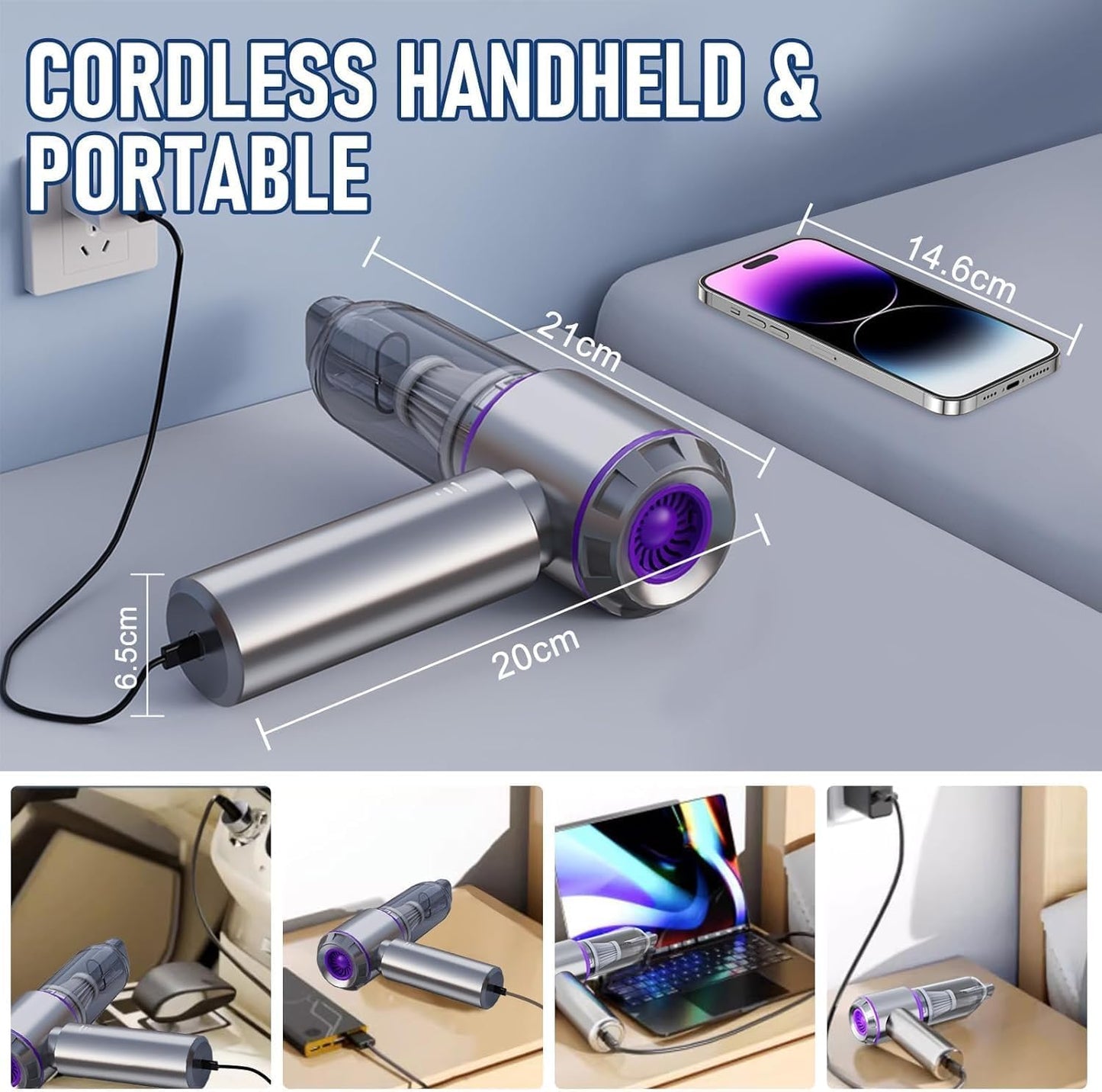 SKY-TOUCH Portable Handheld Cordless Vacuum Cleaner, 16000PA Wireless Mini Vacuum Cleaner 4-in-1 Compressed Air Duster & Air Blower & Pump for Camping, Home, Car, Office, Pets - 6000mAh