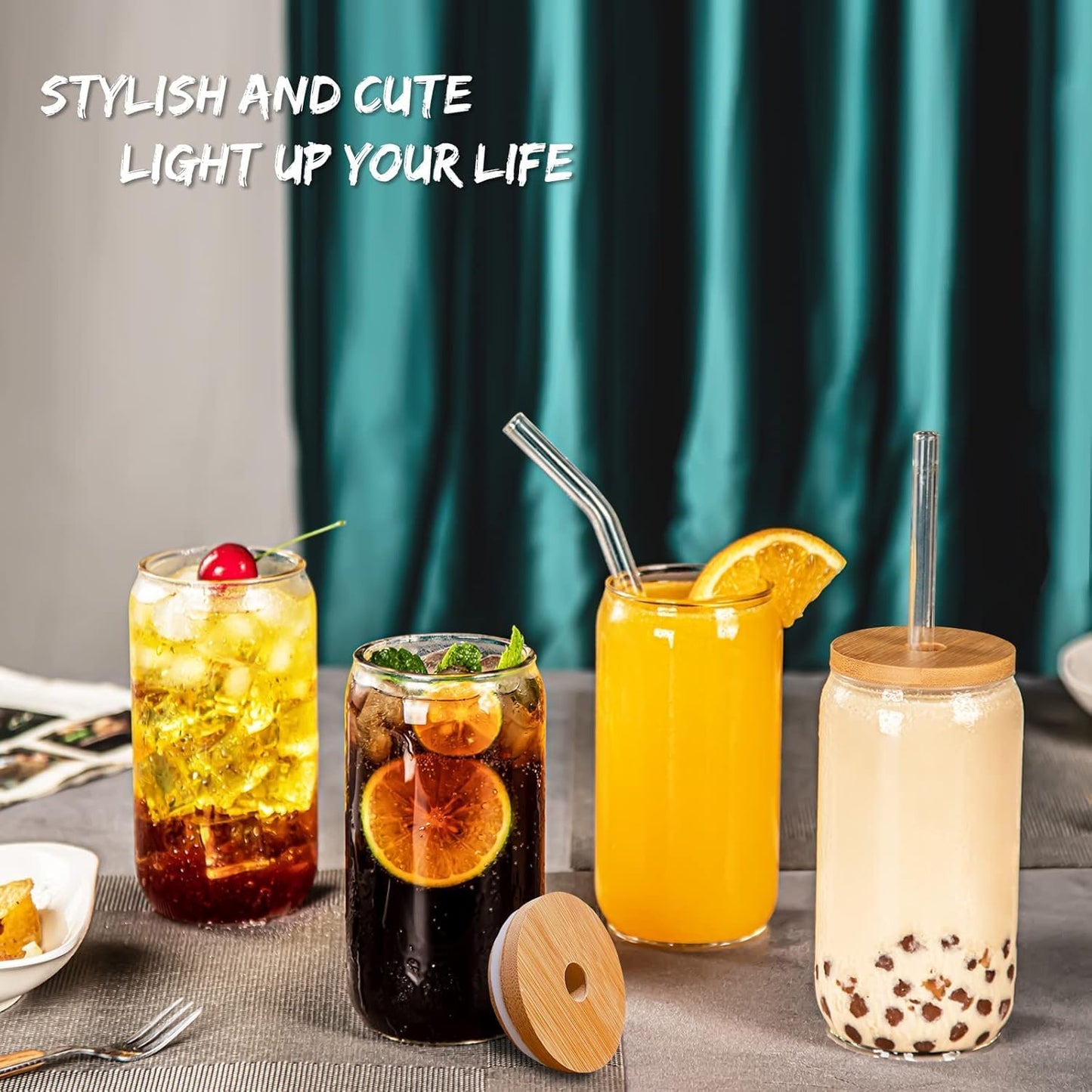 SKY-TOUCH 2 Pcs 550ml Glass Cups with Bamboo Lids and Straws, Clear Iced Coffee Glasses Set, Cute Aesthetic Reusable Drinking Tumblers for Tea, Coffee, Smoothie, Soda
