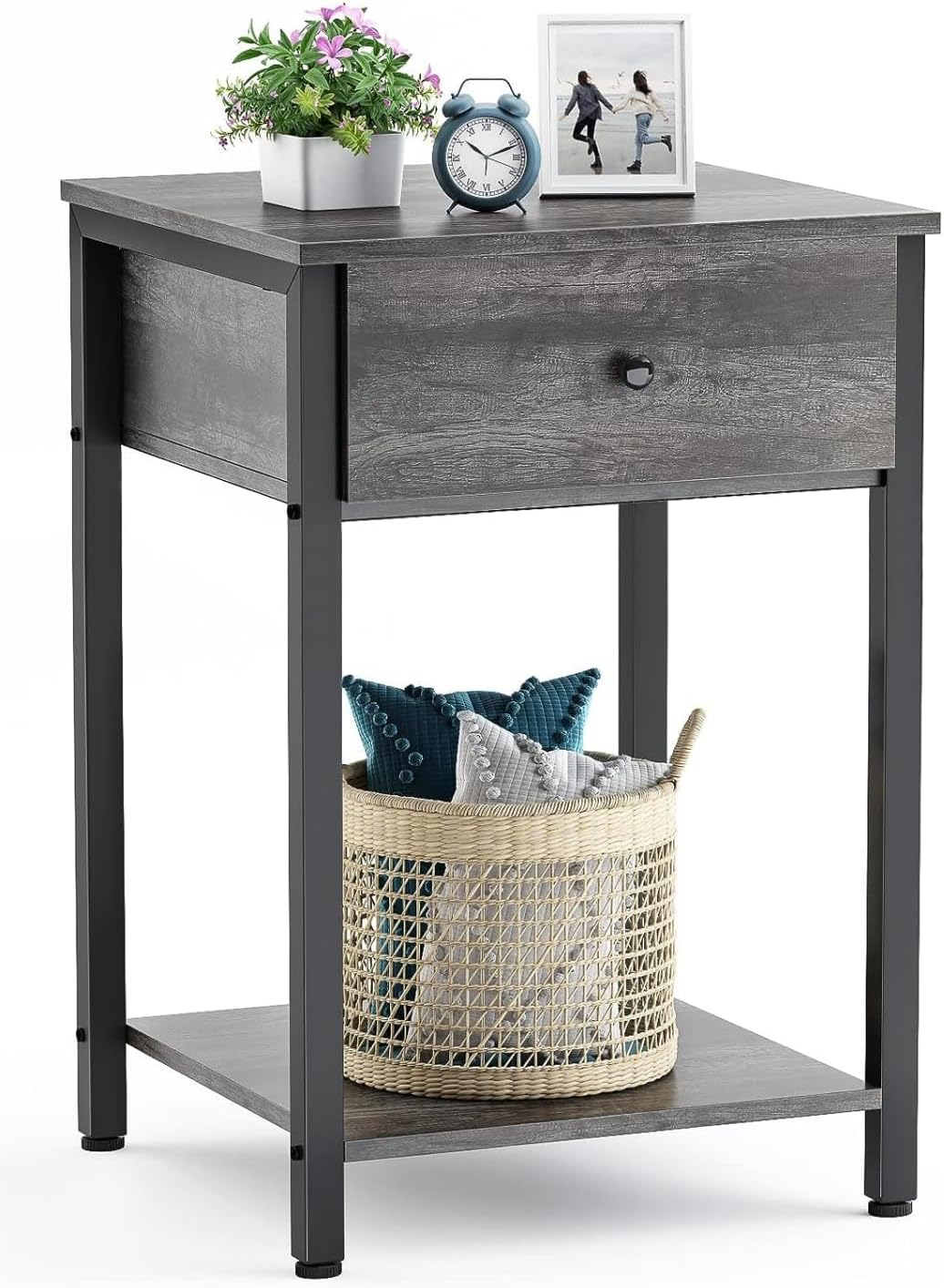 SKY-TOUCH Nightstand Table with Drawer, Bedside Table Wood Night Stand Modern End Table Side Table for Bedroom and Living Room, Sturdy Steel Frame, Easy Assembly, Grey