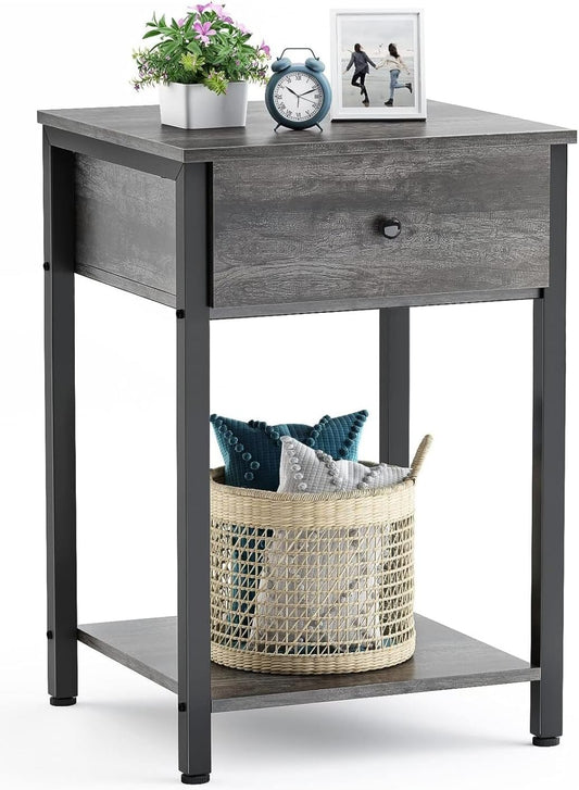 SKY-TOUCH Nightstand Table with Drawer, Bedside Table Wood Night Stand Modern End Table Side Table for Bedroom and Living Room, Sturdy Steel Frame, Easy Assembly, Grey