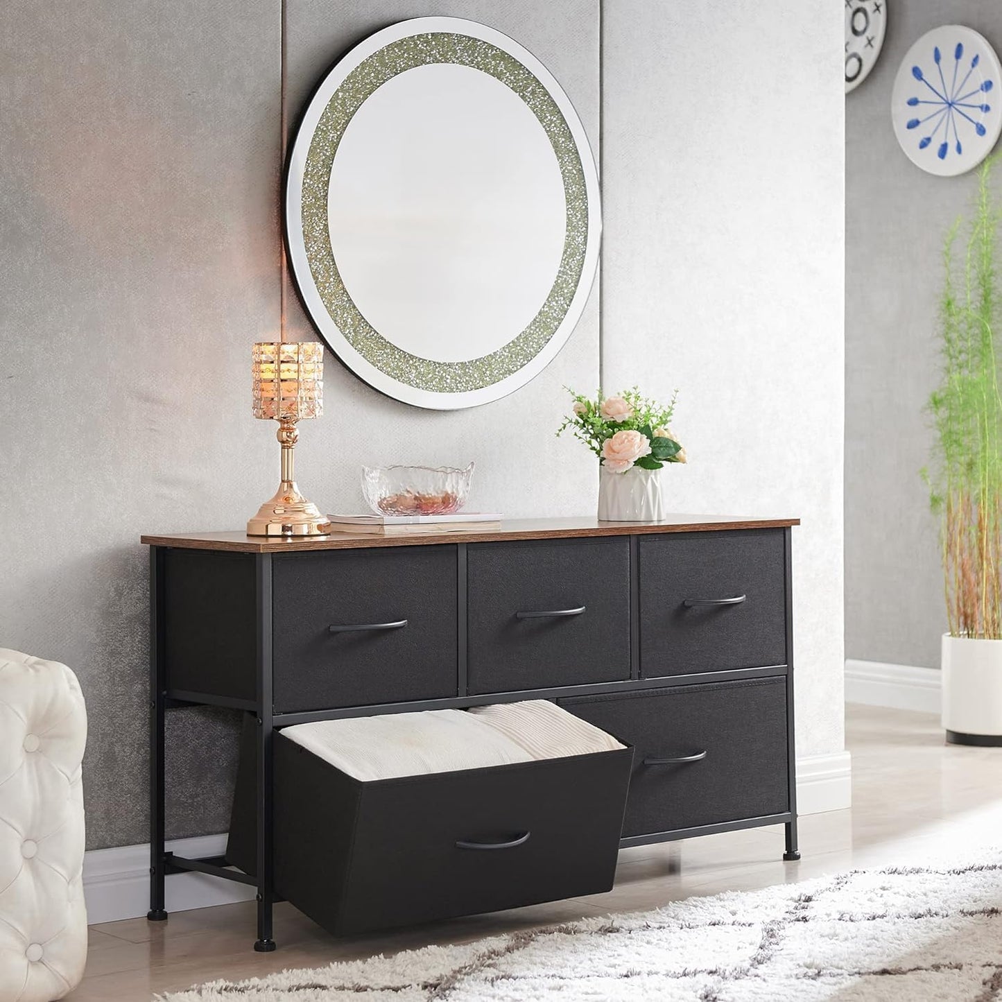 SKY-TOUCH Storage Cabinet : Bedroom Dresser with 5 Drawers Wide Storage Chest with Removable Fabric Bins Storage Organizer Unit for Living Room Entryway Hallway Nursery Kids Room (100*30*52CM Black/Brown/white)