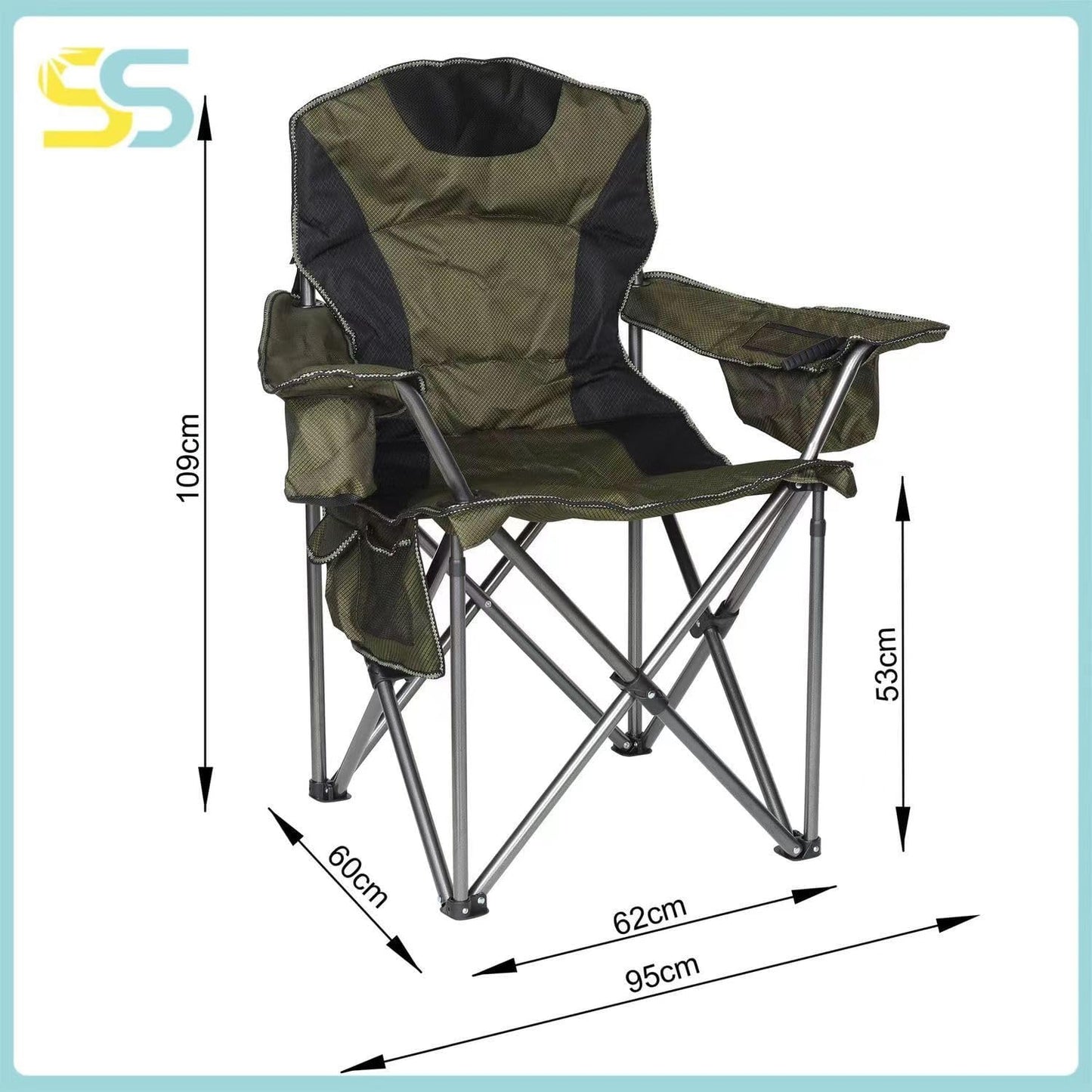 SKY-TOUCH Portable Foldable Camping Chair with Armrests, Storage Pockets & Cup Holders – Sturdy & Comfortable Outdoor Chair,with Carry Bag,Maximum capacity:-150 kg(95x60x109cm),Green