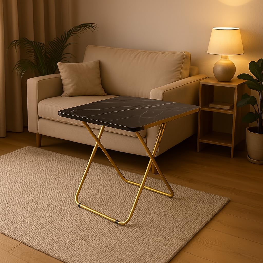 SKY-TOUCH Folding Table, Multi-Purpose Iftar Table with Black Marble-Look Wood Top Gold Metal Frame, for Prayer, Dining, Sofa Side, Outdoor & Bedroom, No Assembly, Portable & Space-Saving(60*60*90cm)