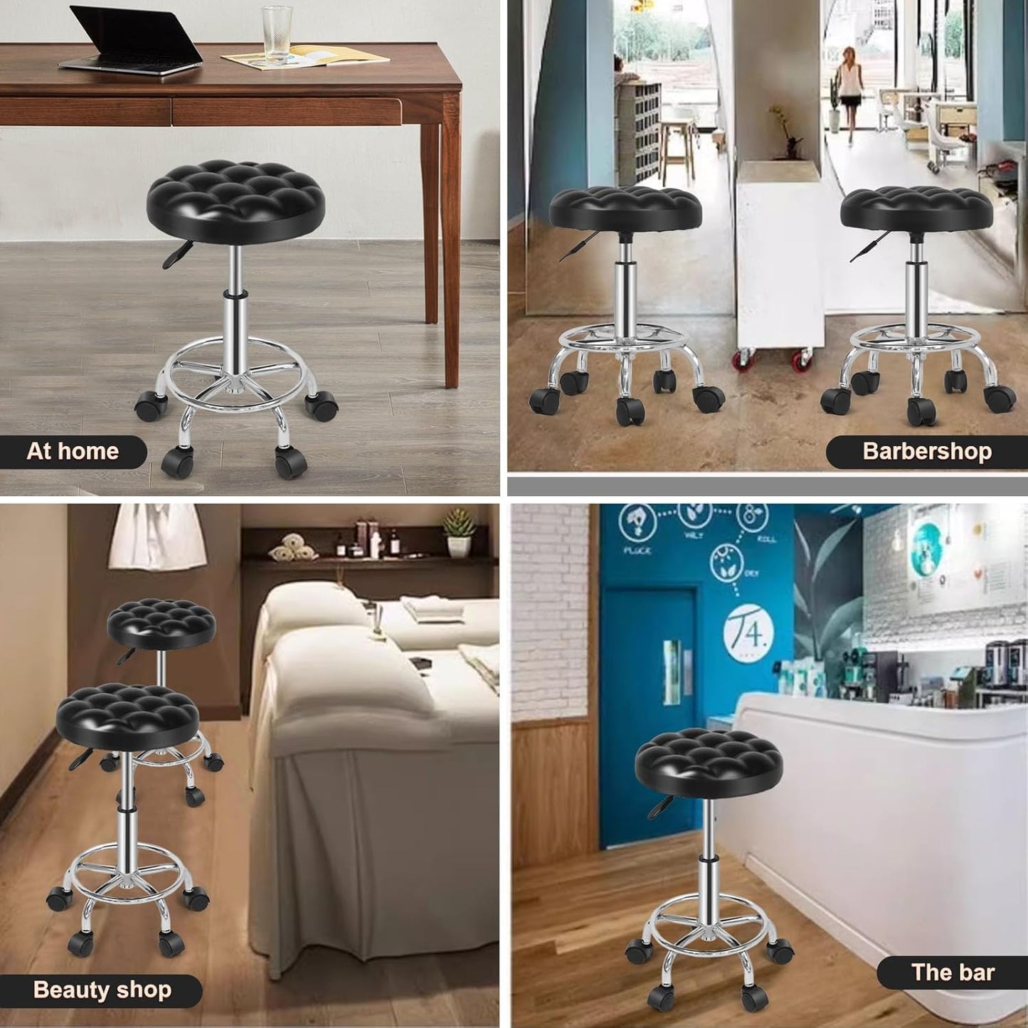 SKY-TOUCH Round Rolling Stool: Vanity Chair with PU Leather Height Adjustable 360° Swivel Stool with Wheels for Office Home Drafting Work Studio Shop SPA Salon