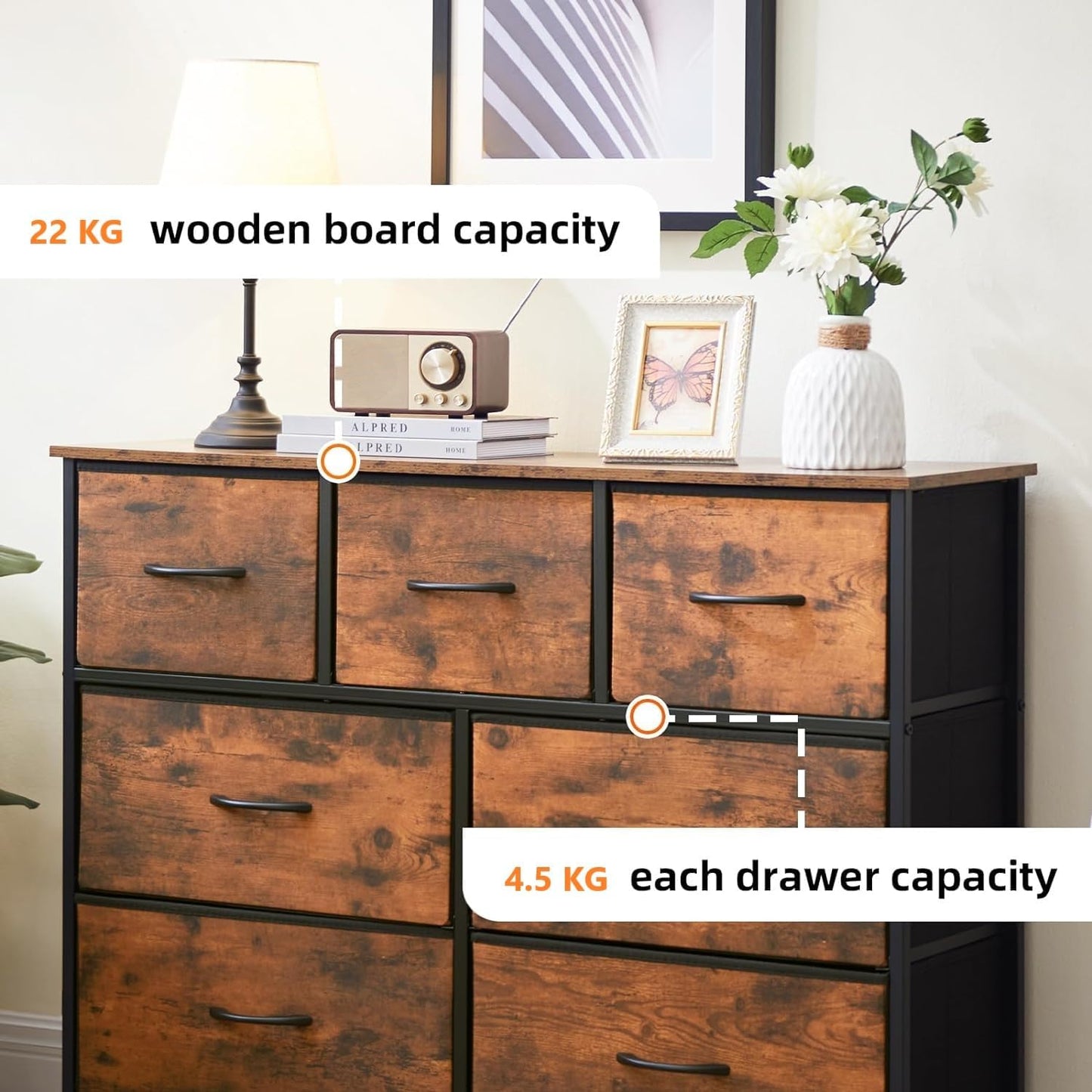 SKY-TOUCH Storage Cabinet : Bedroom Dresser with 9 Drawers Wide Storage Chest with Removable Fabric Bins Storage Organizer Unit for Living Room Entryway Hallway Nursery Kids Room (100*30*96CM Black/White)