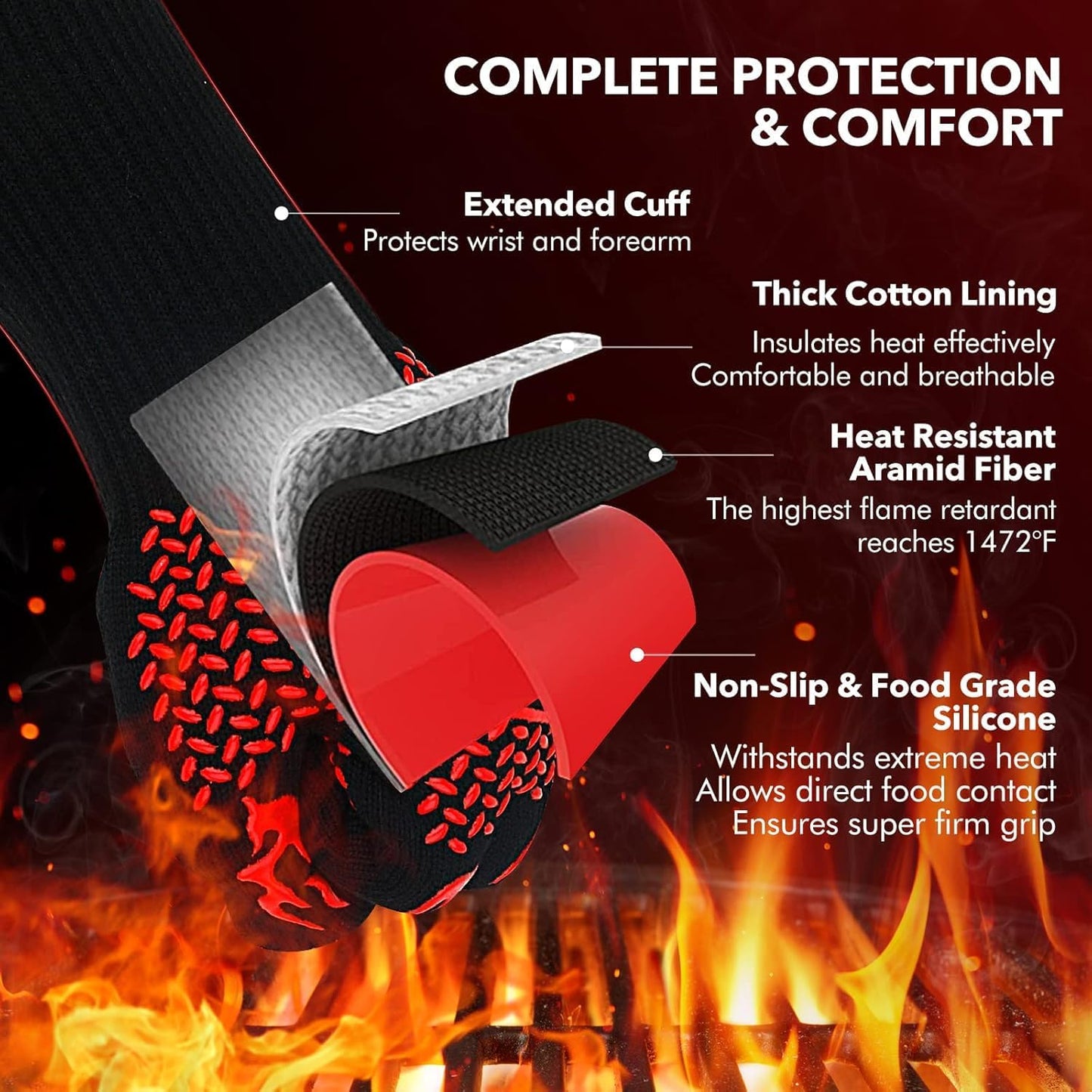 SKY-TOUCH 1 Pair Oven Gloves, Grill Gloves with Long Cuff, Heat Resistant up to 800 °C,Durable Silicone Grill Gloves for Barbecue Baking Grilling,Fireproof, Non-Slip, Heat Protection, Classic Red