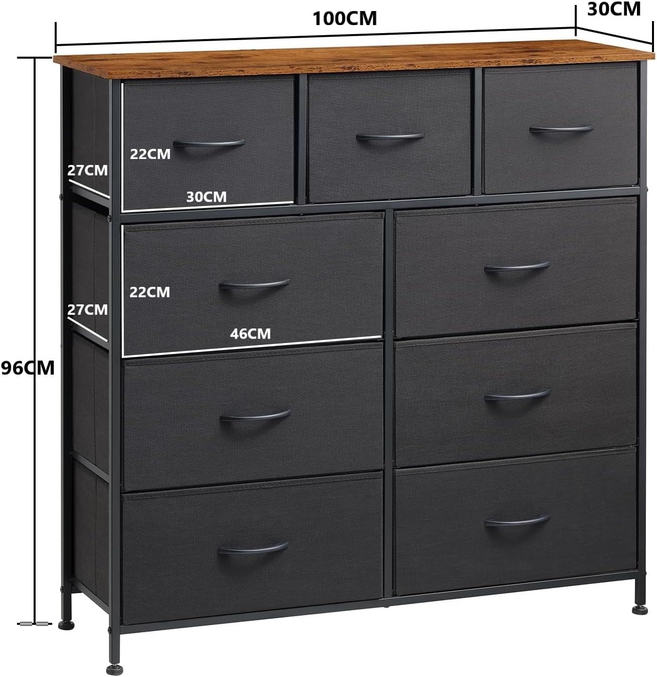SKY-TOUCH Storage Cabinet : Bedroom Dresser with 9 Drawers Wide Storage Chest with Removable Fabric Bins Storage Organizer Unit for Living Room Entryway Hallway Nursery Kids Room (100*30*96CM Black/White)