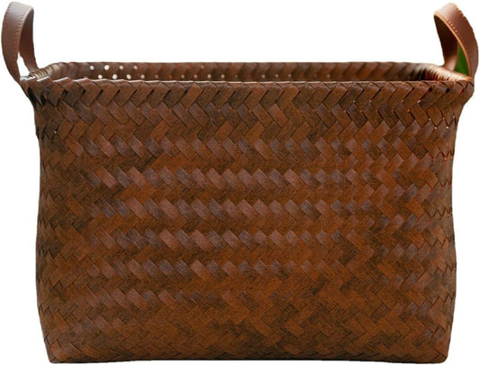 SKY-TOUCH Rectangular Rattan Storage Basket with Handle,Strong and Durable Hand-Woven Rattan Basket for Organizing,Storage and Organizer Baskets,38 28 24cm, Coffee Color