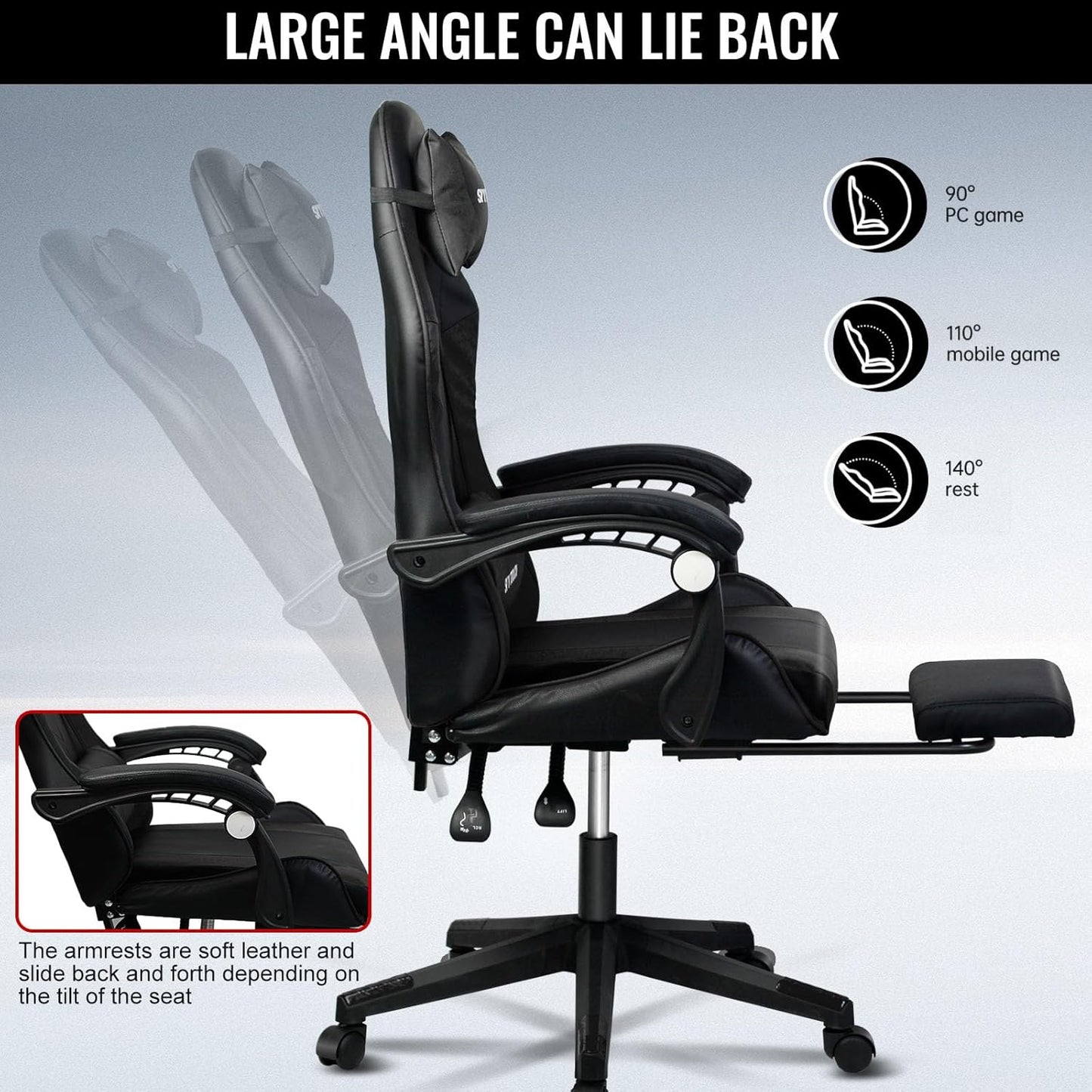 SKY-TOUCH Computer Gaming Chair,Adjustable Height Desk Chair with Rest Foot Rest,Ergonomic Leather Lumbar Cushion,with 140° Tilt, Armrests, Headrest, Swivel Wheels - User Install Manual