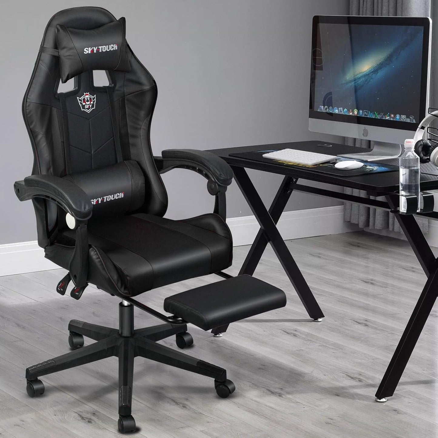 SKY-TOUCH Computer Gaming Chair,Adjustable Height Desk Chair with Rest Foot Rest,Ergonomic Leather Lumbar Cushion,with 140° Tilt, Armrests, Headrest, Swivel Wheels - User Install Manual