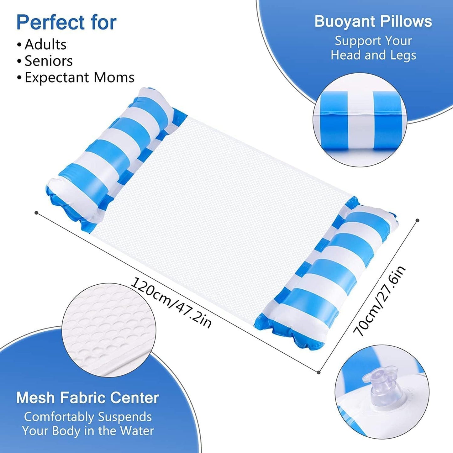 SKY-TOUCH Inflatable Pool Float, 1 Pack Meegoo Inflatable Water Hammock for Adults, Portable Water Hammock with Bottom Mesh for Vacation Fun and Rest, Water Lounge,(With air pump)Dark Blue,120 * 70cm