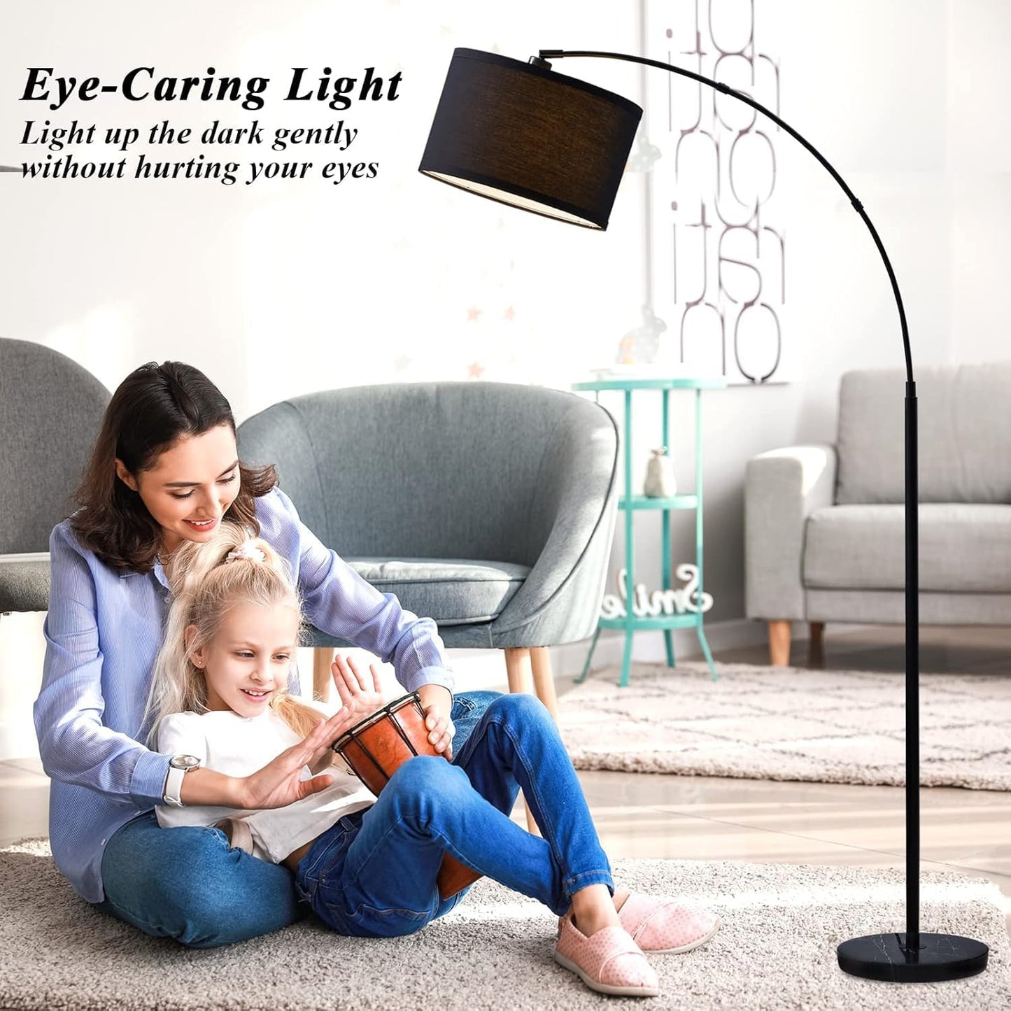 SKY-TOUCH Arc Floor Lamp : Dimmable Black Standing Lamp with Adjustable Height Modern Marble Base Standing Hanging Light with Adjustable Hanging Shade for Reading Living Room Bedroom Office (Black)