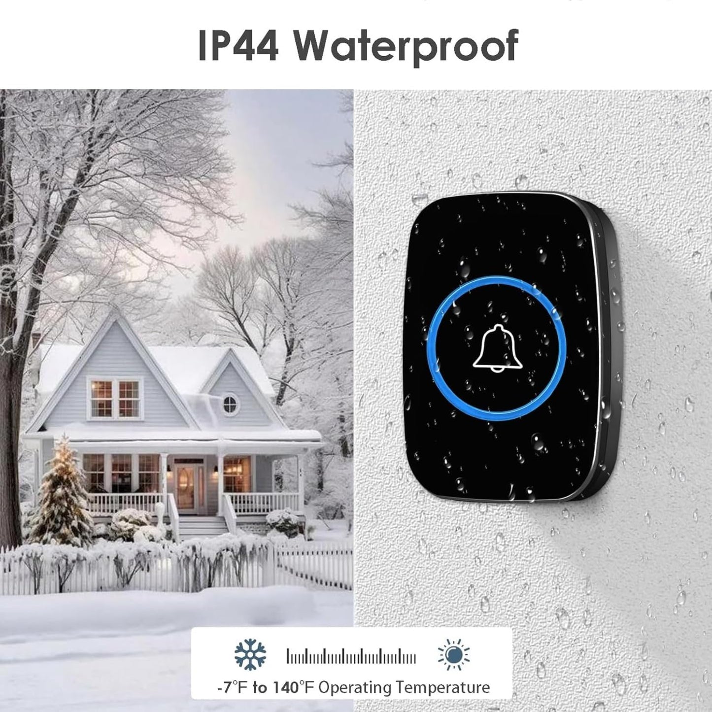SKY-TOUCH Wireless Doorbell, Waterproof Door Bell Kit With 60 Chimes and LED, Adjustable Volume, Easy installation, Doorbell for Home Office Classroom,Black (1 Receiver And 1 Button)