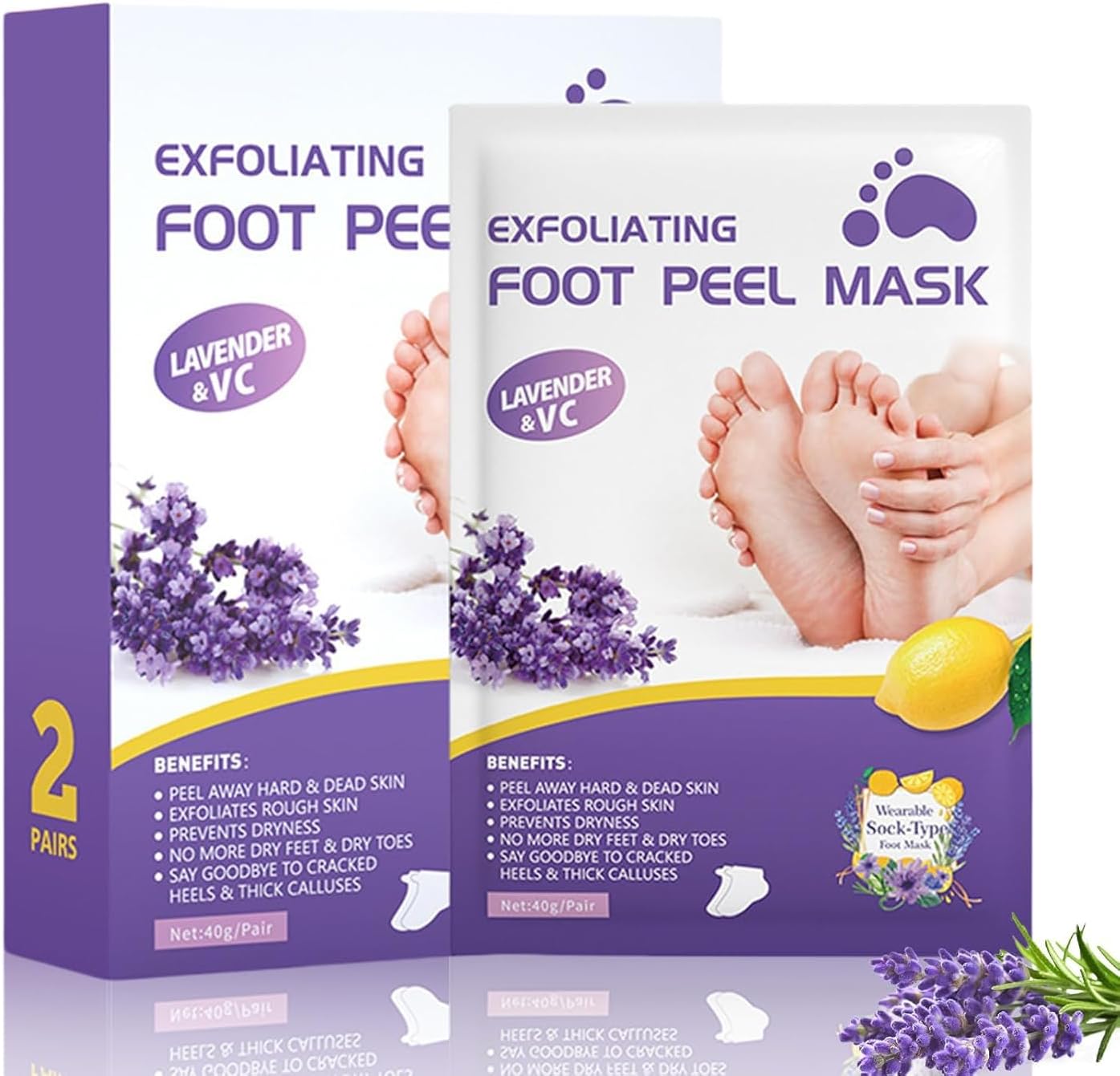 SKY-TOUCH Lavender Exfoliating Foot Mask – 2 Boxes (4 Pairs), Moisturizing, Callus Removal, Dead Skin Treatment, Softens and Hydrates Feet
