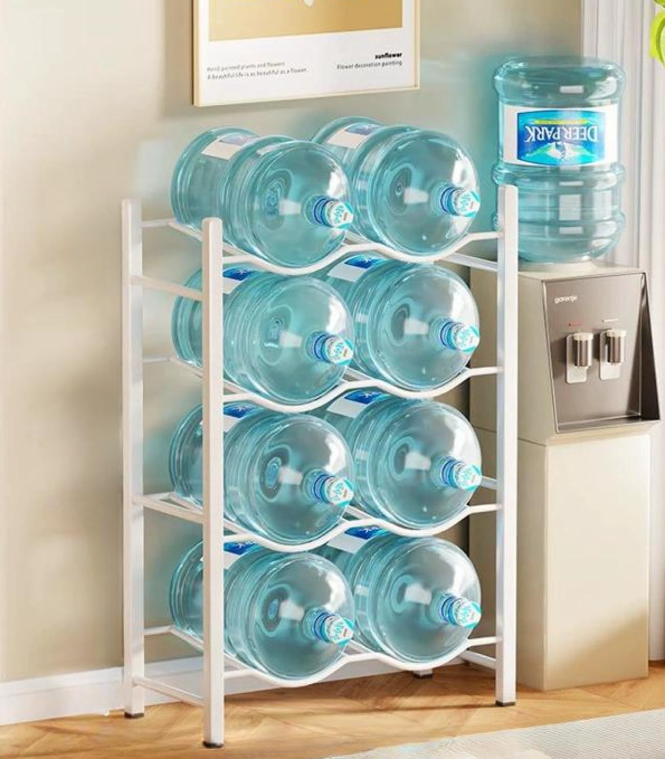 SKY TOUCH Water Bottle Storage Stand 4 Tier, Water Bottle Holder 8 Bottles of 5 Gallons Heavy Duty Water Jug Rack for Kitchen Home and Office Easy To Assemble, White