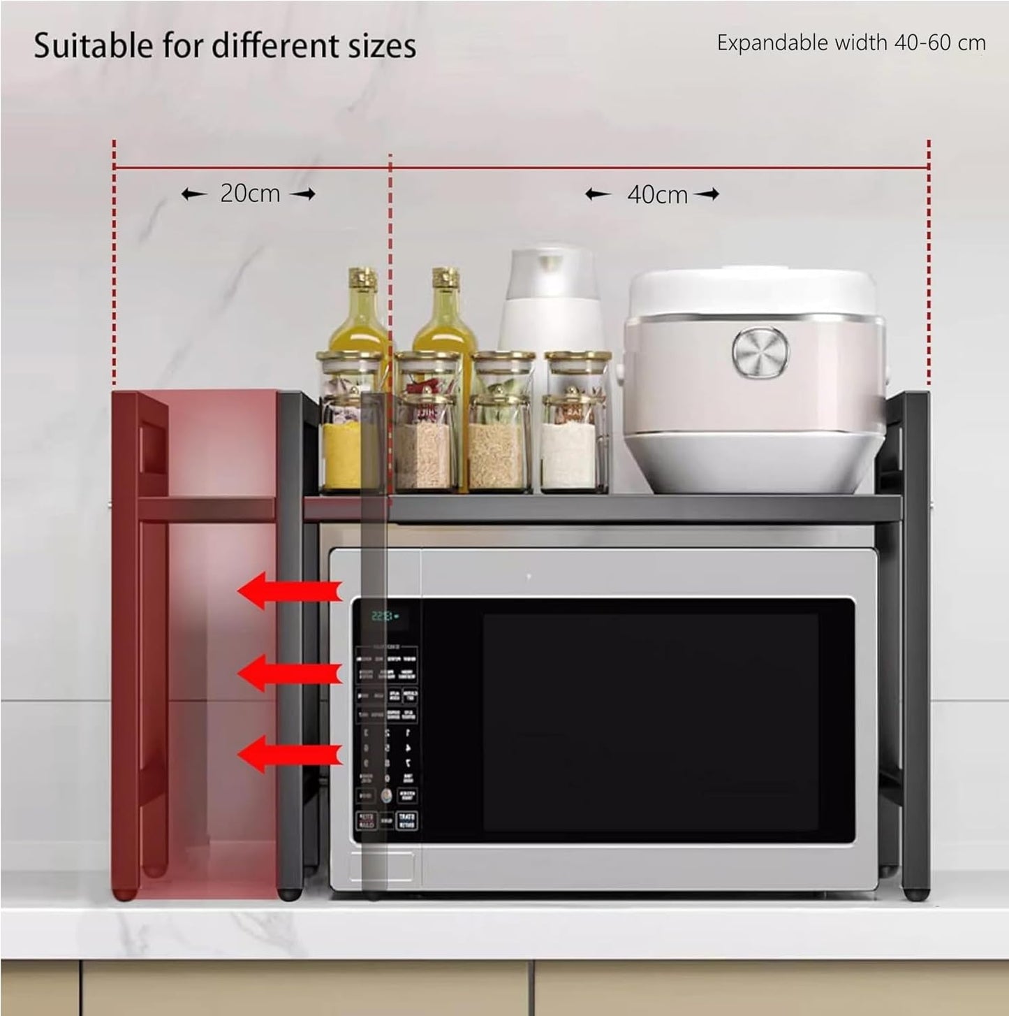 SKY-TOUCH Microwave Oven Rack, Expandable Microwave Stand with 6 Hooks, Kitchen Utensils Tableware Storage for Kitchen Dining Room