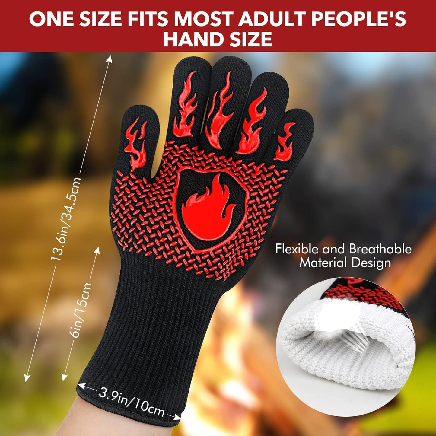 SKY-TOUCH 1 Pair Oven Gloves, Grill Gloves with Long Cuff, Heat Resistant up to 800 °C,Durable Silicone Grill Gloves for Barbecue Baking Grilling,Fireproof, Non-Slip, Heat Protection, Classic Red
