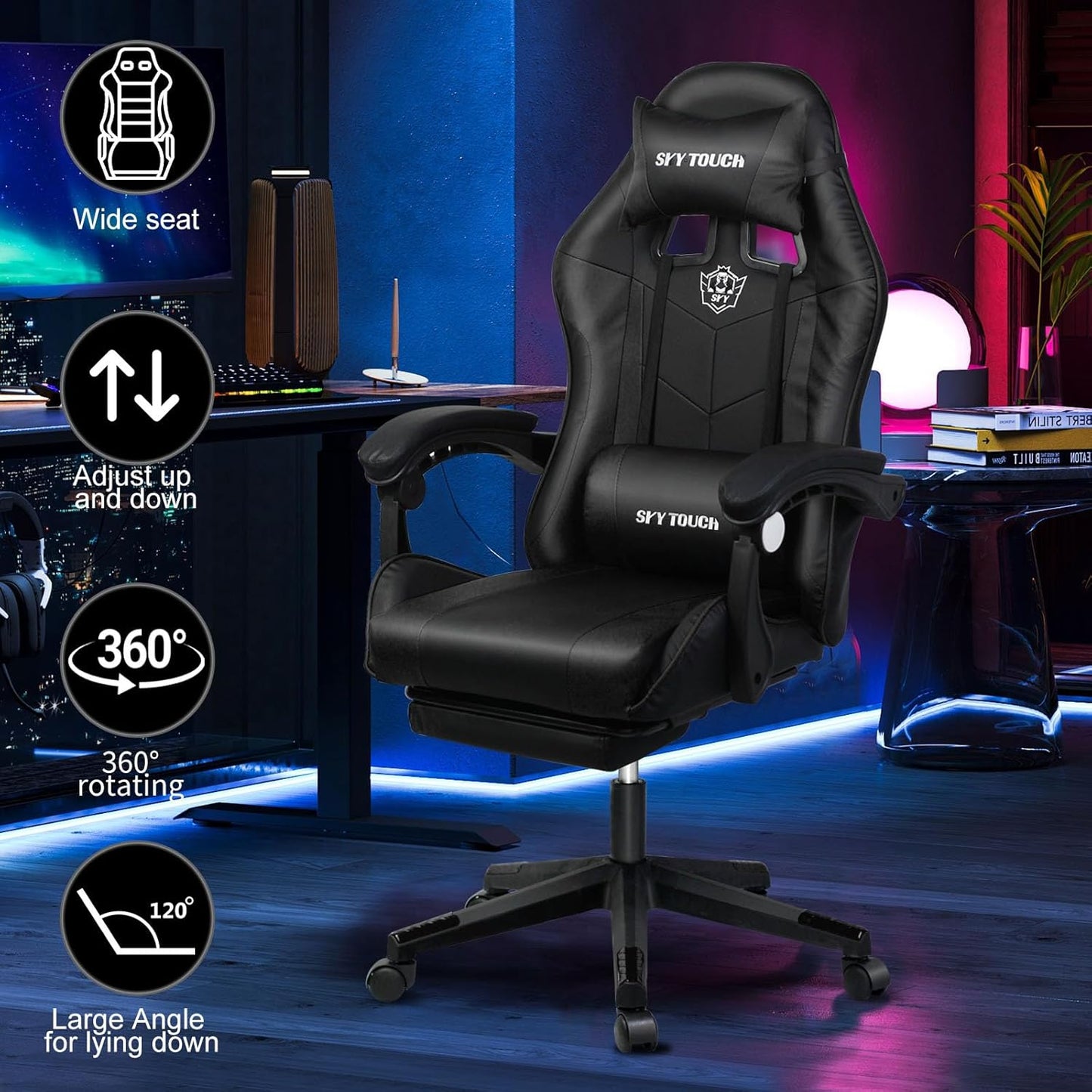 SKY-TOUCH Computer Gaming Chair,Adjustable Height Desk Chair with Rest Foot Rest,Ergonomic Leather Lumbar Cushion,with 140° Tilt, Armrests, Headrest, Swivel Wheels - User Install Manual