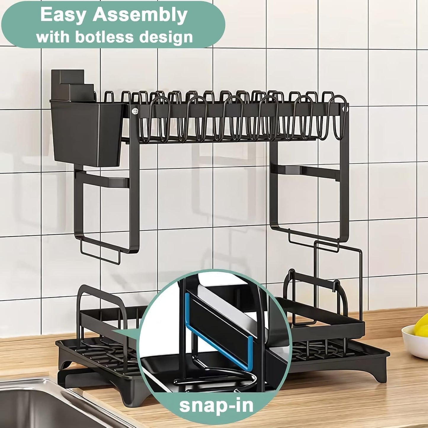 SKY-TOUCH 2-Tier Dish Drying Rack – Save Space Dish Rack with Utensil Holder, Cutting Board Holder & Drainboard Tray | Large Capacity, Rustproof Kitchen Drainer,42 * 30 * 29cm,Black
