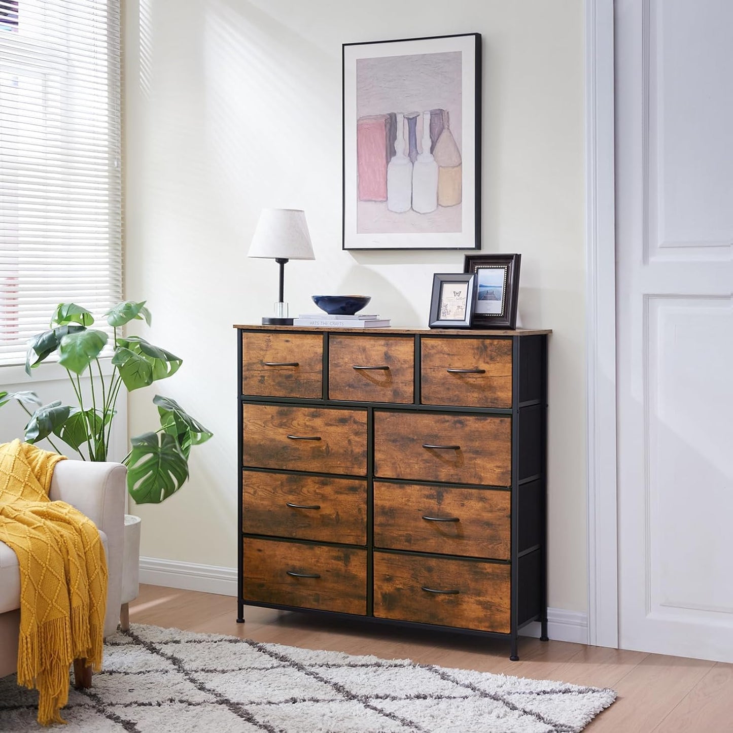 SKY-TOUCH Storage Cabinet : Bedroom Dresser with 9 Drawers Wide Storage Chest with Removable Fabric Bins Storage Organizer Unit for Living Room Entryway Hallway Nursery Kids Room (100*30*96CM Black/White)