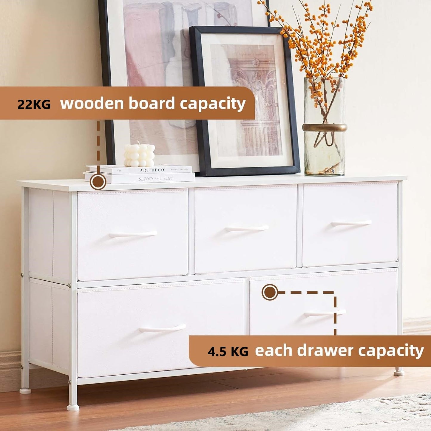 SKY-TOUCH Storage Cabinet : Bedroom Dresser with 5 Drawers Wide Storage Chest with Removable Fabric Bins Storage Organizer Unit for Living Room Entryway Hallway Nursery Kids Room (100*30*52CM Black/Brown/white)