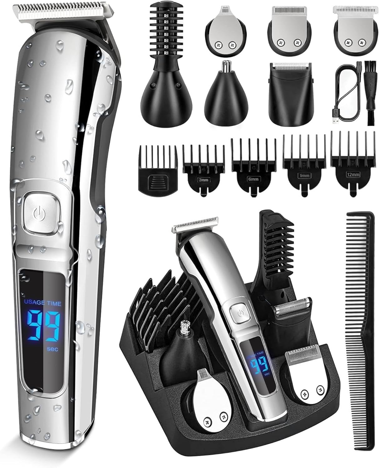 SKY-TOUCH 13 Pcs All-in-One Beard Trimmer & Hair Clipper: Mens Grooming Kit for Beard Face Nose Ear Hair Trimmer Rechargeable Cord/Cordless Haircutting Kit with Storage Base, Gifts for Men (Black)